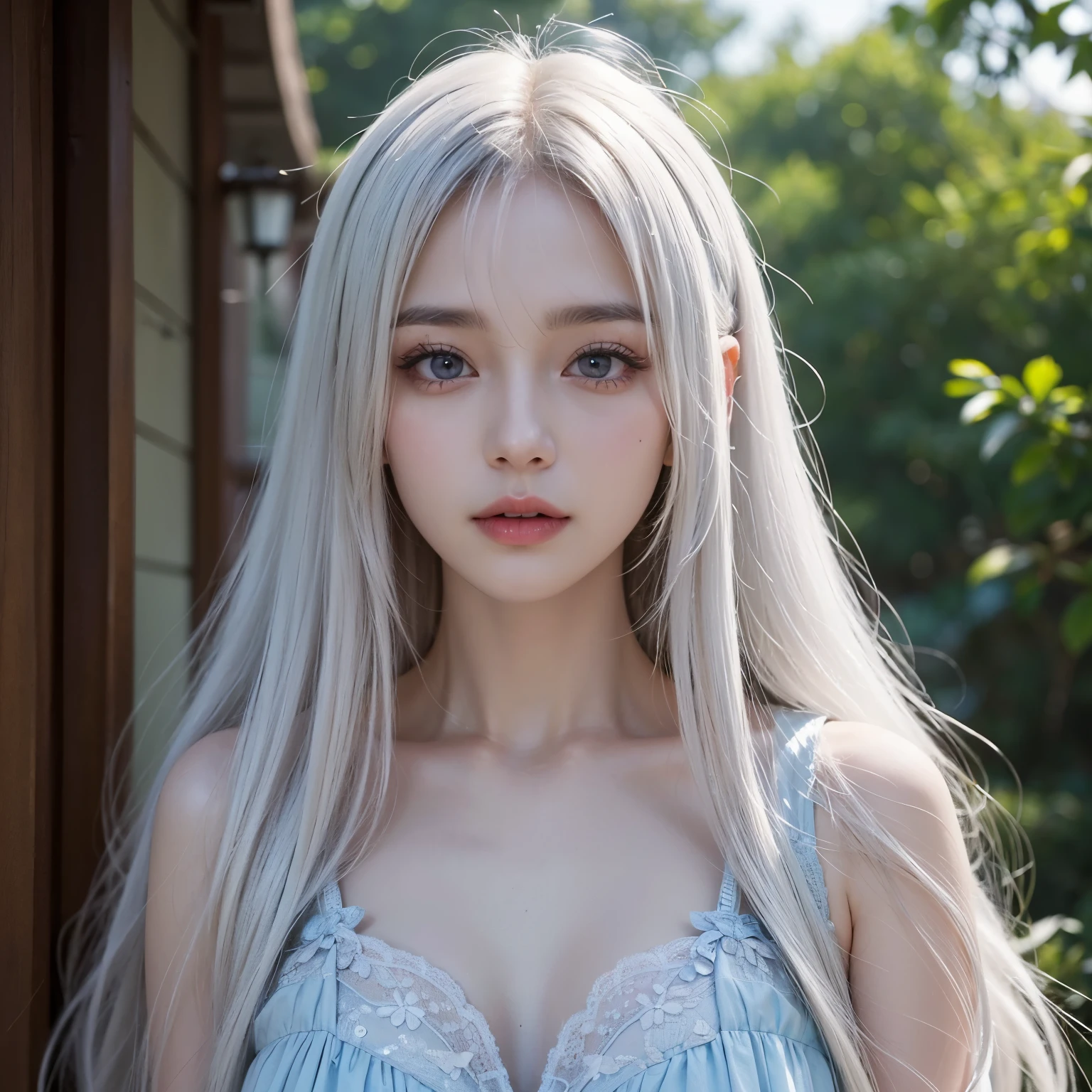 highest quality、masterpiece、(realistic:1.1), (((35-year-old, , Very cute face)))、super long straight hair、white hair color, bangs between the eyes、white skin、glowing skin、 princess dress, frontage、detailed face、so beautiful、Sparkling vivid purple eyes、(bright look:1.1)、 spring Vivid and sharp focus, (((ginormous chest))),looking at the viewer, top-quality、超A high resolution、a blue dress、large full breasts,
