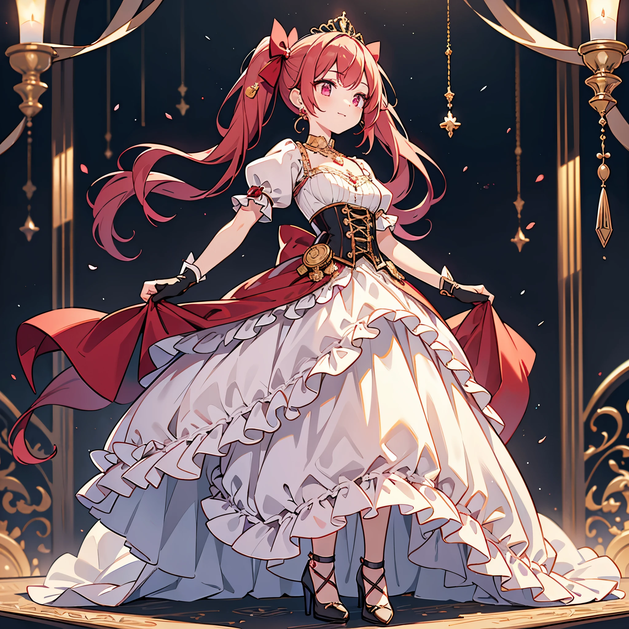 (best quality,4k,8k,highres,masterpiece:1.2),ultra-detailed, Pretty 15 years old princess, drawn in anime style, is cute and happy, long red pigtails hair, pink eyes, small breast, makeup and lipstick, steampunk, red ball gown with puffy sleeves,physically-based rendering,gorgeous dress design,flowing gown,elaborate lace details,rich textures,contrast stitching,delicate ribbon bows,floral accents,full skirt,short sleeves,fitted waistline,lace-up back,luxurious fabrics,flawless silhouette, petticoat, bustle, corset, hair ribbons, white elbow gloves, ruby earrings and necklace, gold tiara, high heels, wielding a fire magic wand, standing in castle bedroom, highly detailed, 4K.