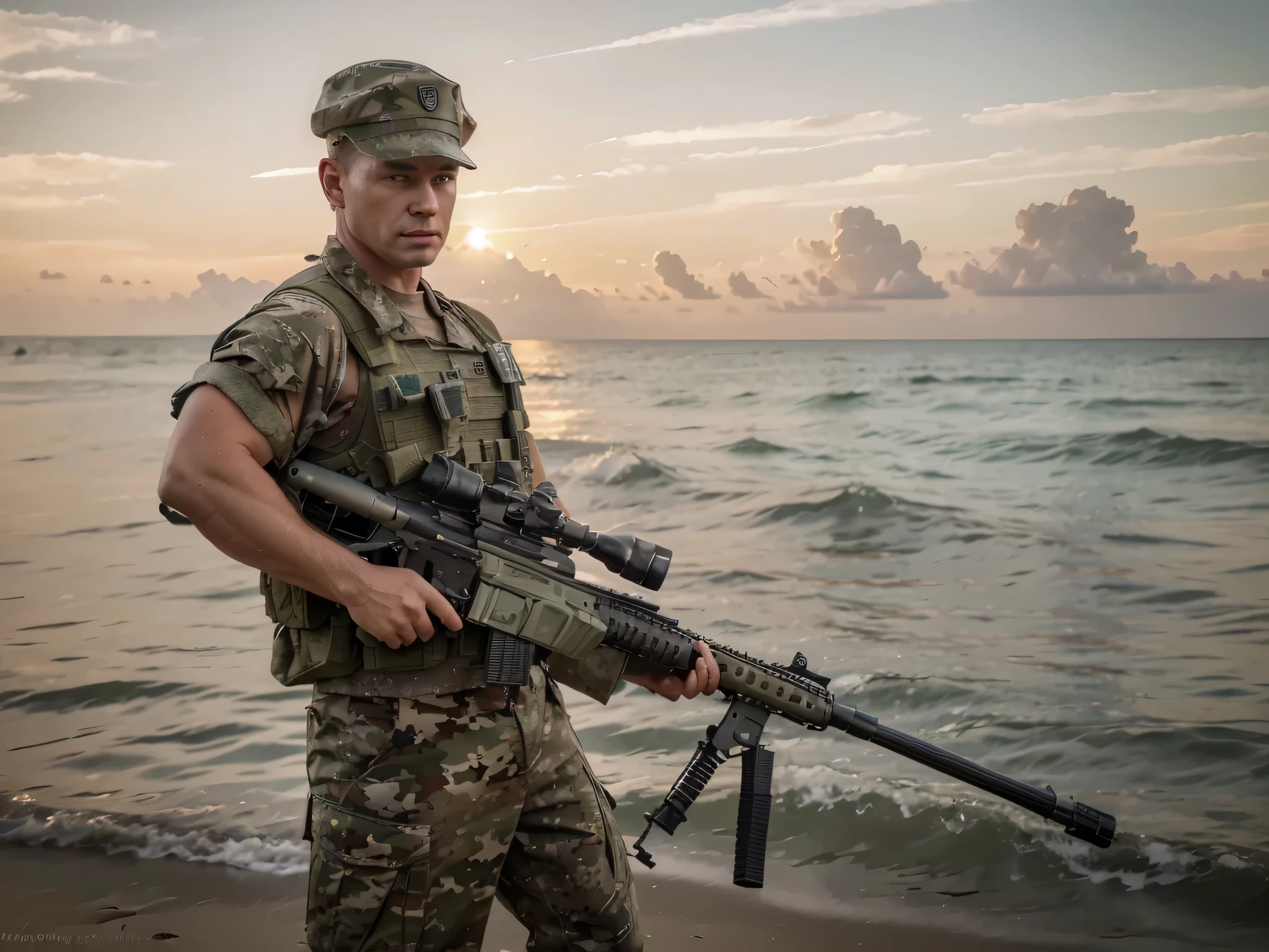 Soldado americano, Ultra muscular American in the style of the 60s., very masculine british face, angry expression, pelo rubio muy corto, uniforme militar de camuflaje verde oliva, camiseta militar, boina militar, chaleco antibalas, Lleva un rifle de francotirador, esta frente al mar, al fondo un barco militar moderno, ultra detallado, Hyper Realista, 4k, ultra detallado image, Realista, muy detallado, perfect composition, beautiful intricately detailed incredibly detailed, Artistic photography in 8K, hiper detallado, Obra maestra