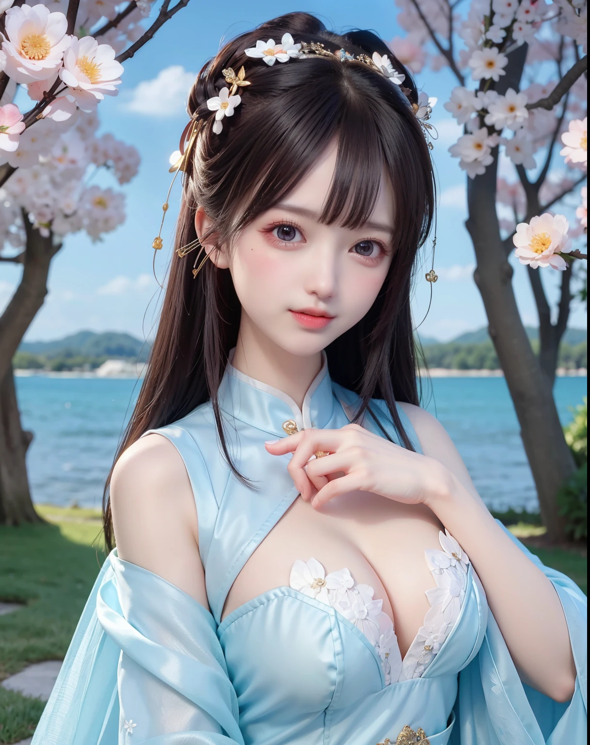 (8k, RAW photo:1.2), best quality, ultra high res,dramatic angle,(fluttered detailed color splashs), (illustration),(((1 girl))),(long hair),(rain:0.9), (头饰:1.4),少女身边有一座古宫,汉服,(重点),彩色水墨画,(泼彩),泼彩,(((colorful))),(素描:0.8) , Masterpiece, best quality, beautiful painted, highly detailed,(denoising:0.6),[splash ink],((ink refraction)), (beautiful detailed sky),moon,highly,detaild,(masterpiece, best quality, extremely detailed） CG unity 8k壁纸，杰作，最好的质量，超详细），（石蒜）. hanfu open v   open V-chested clothes Thin silk lace dress , (huge ，cleavage),, white pink, blue ，best qualtiy，tmasterpiece，超高分辨率，（真实感：1.4），RAW photogr，（True skin texture：1.3），（filmgrain：1.3），（Selfie angle），1个Giant Breast Girl，Beautiful eye and face details，tmasterpiece，Best quality at best，，The chest more exposed， detailed hair, bra pink , detail 8k, upper body,.