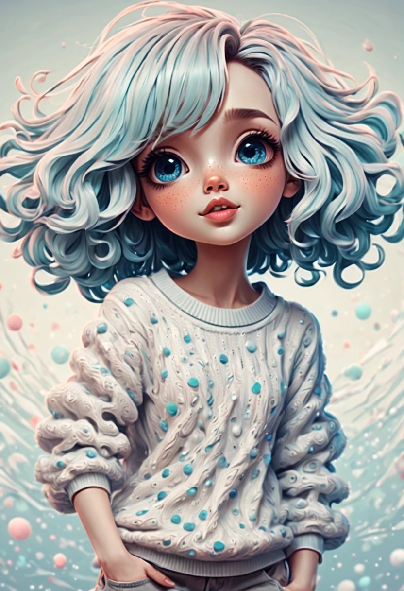 (best quality, highres, ultra sharp), (magical cute girl:1.2). Standing, Full body view, long legs. unique style, standing, long neck, large head, exaggerated hair, fluffy hair, small freckles, exaggerated expression, surreal, duck egg white sweater with small dots, details, horsehair, fluffy, socks, magic background, hand-drawn style,pencil drawing,cute, flowing lines, clean and crisp outlines, clean composition, zentangle hair style, art deco, zentangle, 3d crunch, cinematic,