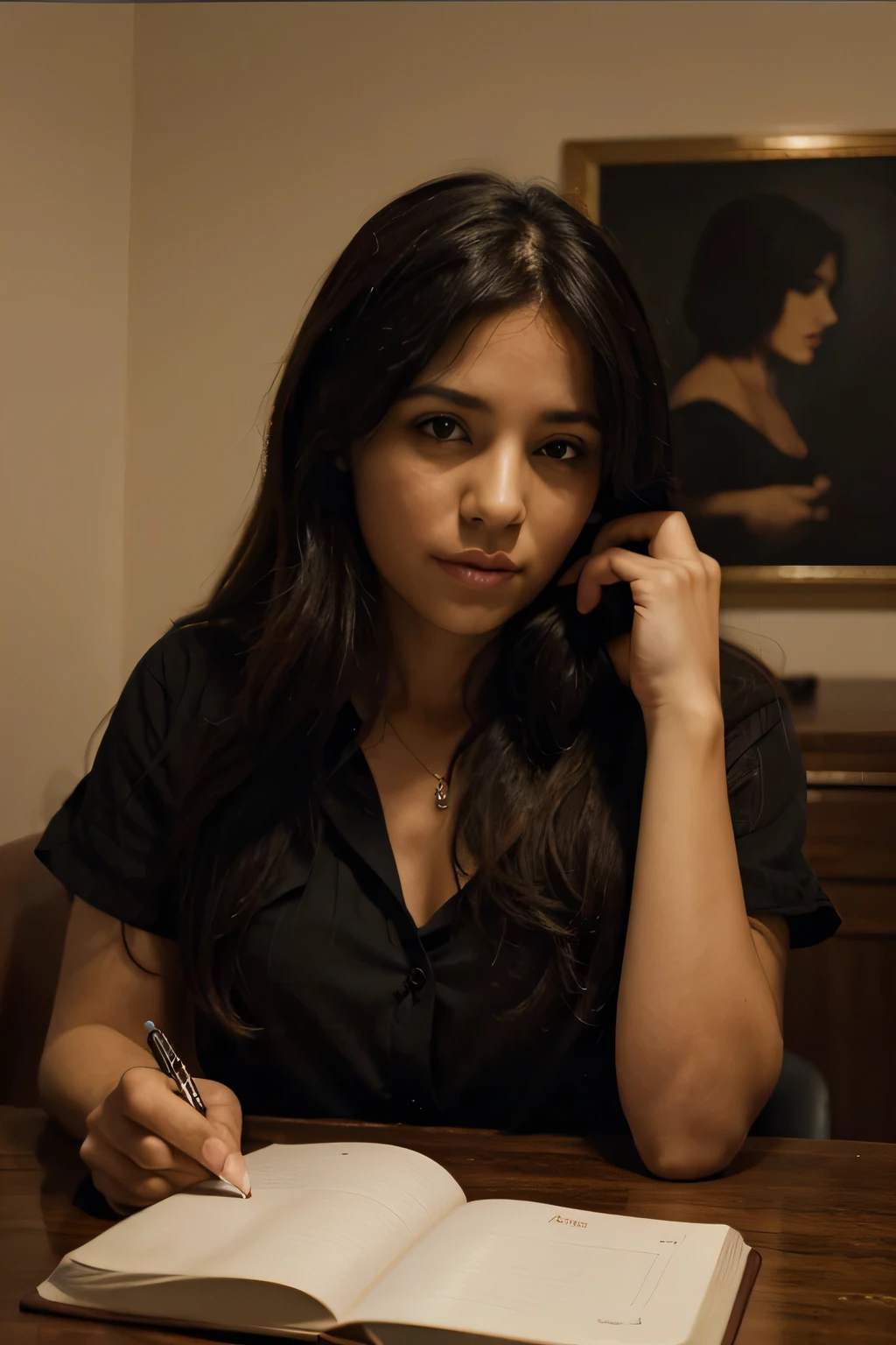 Thirty-year-old woman, cabello oscuro, anteojos, escribiendo en un cuaderno