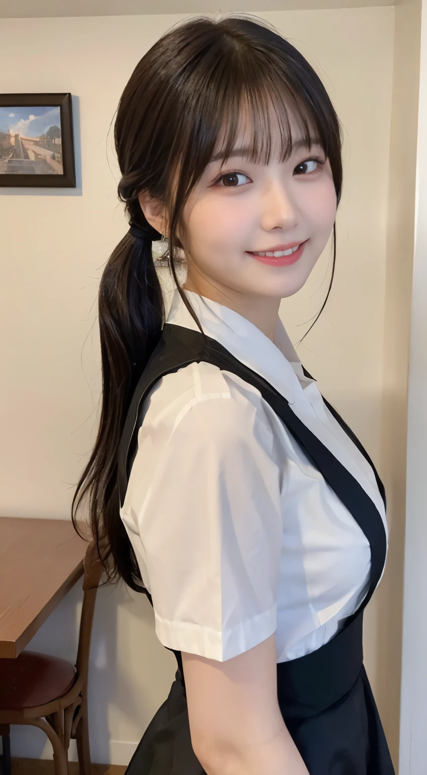 (highest quality,masterpiece:1.3,ultra high resolution,),(Super detailed,caustics),(Photoreal:1.4,RAW shooting,)ultra-realistic capture,very detailed,High resolution 16K human skin close-up。 natural skin texture、,The pores are、、、Must be detailed enough to be easily identified。 Skin should look even-toned and healthy。 Use natural light and color,restaurant,waitress uniform,1 girl,Japanese,18-year-old,cute,black haired,ponytail,big breasts,smile,turn your body forward,(Front view:1.1),look at the camera,cowboy shot,