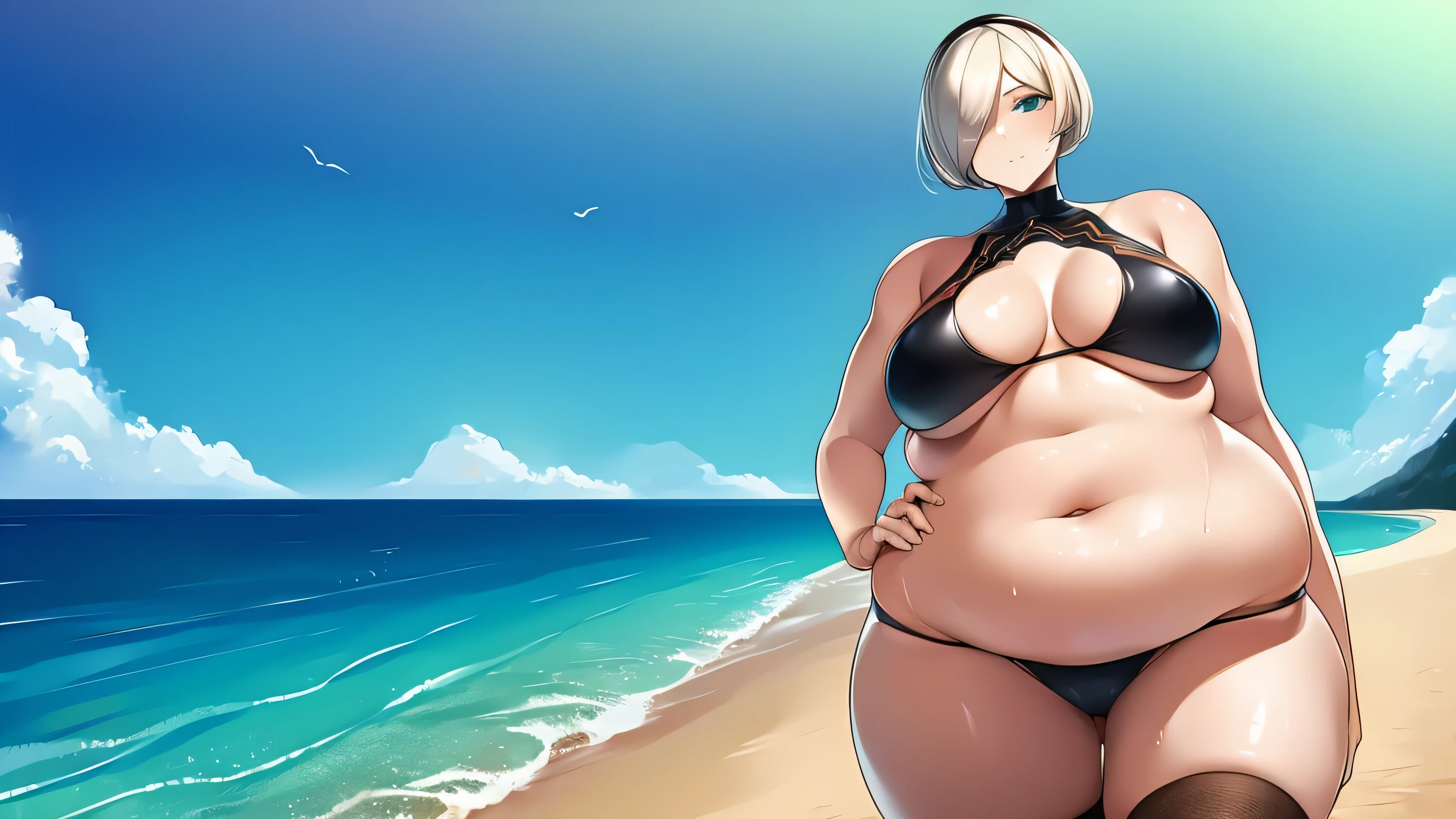 1 garota, 2b, nier automaton, small black bikini, neutral expression, obeso, barriga enorme, coxas gordas, Seios rechonchudos, entrando em um restaurante em uma praia muito ensolarada, abrindo a porta da frente, detalhado, detalhado face, pele brilhante, pele molhada, anatomia perfeita