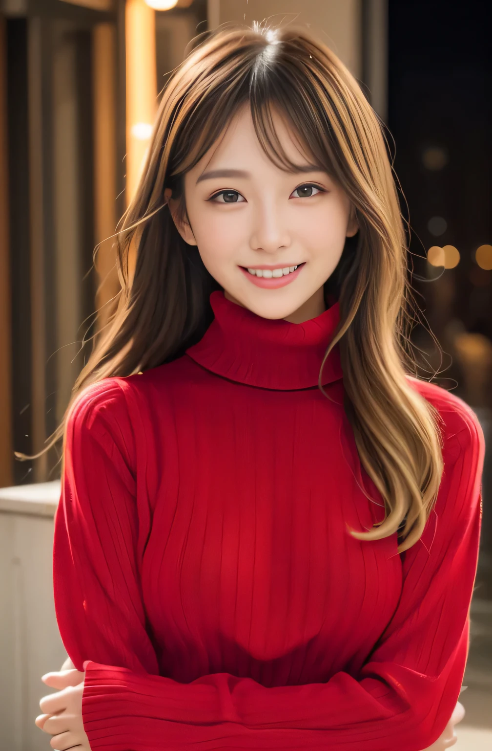 beautiful japanese woman、1 person,very pretty and slim、outstanding style 、super high quality、very delicate face, skin and hair、long hair、straggling hair,(((((Gradation,blonde、brown hair)))))、(((((Red Turtleneck Sweater Dress))))),((chester coat,knee high boots))、Cover your chest with your arms、Shibuya Ward、8k images、Very cute Japanese cut face、thin、big breasts、Eyes and nose are clearly visible、gentle eyes、laughter、night view background、sexy pose