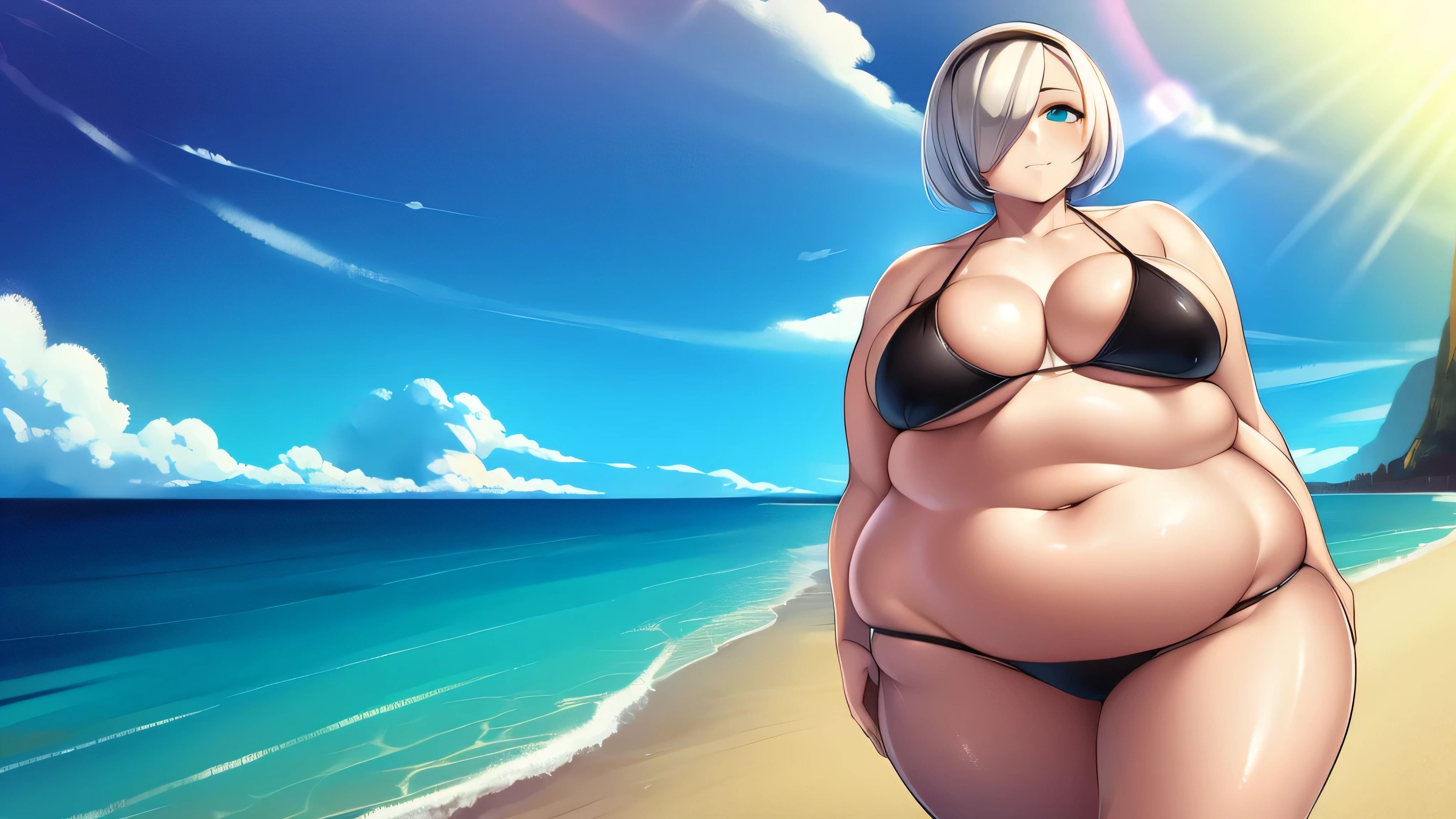 1 garota, 2b, nier automaton, small black bikini, neutral expression, obeso, barriga enorme, coxas gordas, rechonchudos, entrando em um restaurante em uma praia muito ensolarada, abrindo a porta da frente, detalhado, detalhado face, pele brilhante, pele molhada, anatomia perfeita