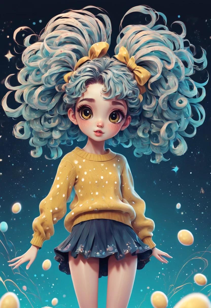 (best quality, highres, ultra sharp), (magical cute girl:1.2). Standing, (Full body:1.1) view, long legs. magical style, standing, long neck, large head, (exaggerated hair:1.1), (fluffy hair:1.1), small freckles, exaggerated expression, surreal, duck egg yellow sweater with small dots, details, horsehair, fluffy, socks, magic background, hand-drawn style,pencil drawing,cute, flowing lines, clean and crisp outlines, clean composition, zentangle hair style, art deco, zentangle, 3d crunch, cinematic,