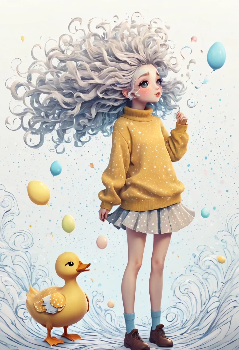 (best quality, highres, ultra sharp), (magical cute girl:1.2). Standing, (Full body:1.1) view, long legs. magical style, standing, long neck, large head, (exaggerated hair:1.1), (fluffy hair:1.1), small freckles, exaggerated expression, surreal, duck egg yellow sweater with small dots, details, horsehair, fluffy, socks, magic background, hand-drawn style,pencil drawing,cute, flowing lines, clean and crisp outlines, clean composition, zentangle hair style, art deco, zentangle, 3d crunch, cinematic,