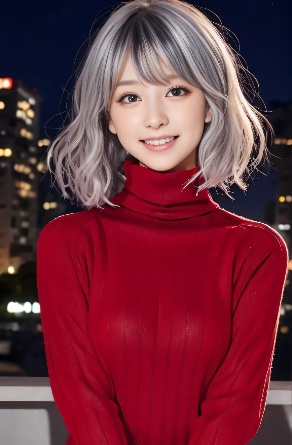 beautiful japanese woman、1 person,very pretty and slim、outstanding style 、super high quality、very delicate face, skin and hair、Berry Short、straggling hair,(((((silver hair)))))、(((((Red Turtleneck Sweater Dress))))),((chester coat,knee high boots))、Cover your chest with your arms、Shibuya Ward、8k images、Very cute Japanese cut face、thin、big breasts、Eyes and nose are clearly visible、gentle eyes、laughter、night view background、sexy pose