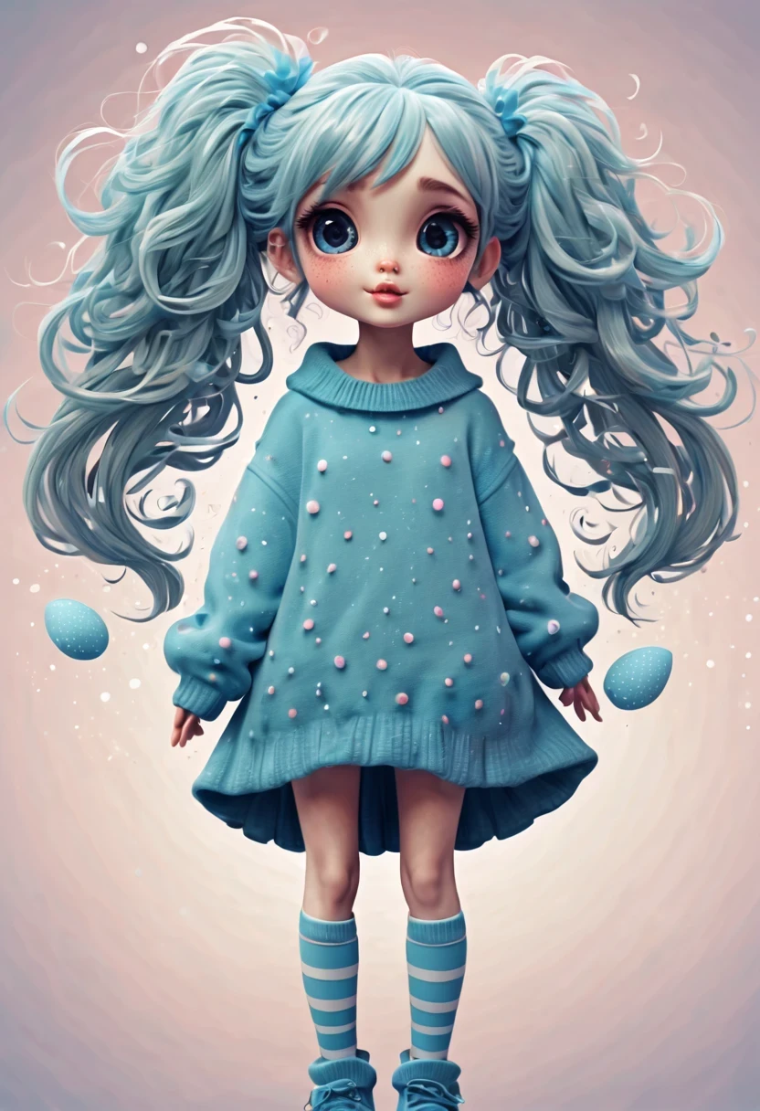 (best quality, highres, ultra sharp), (magical cute girl:1.2). Standing, (Full body:1.1) view, long legs. magical style, standing, long neck, large head, (exaggerated hair:1.1), (fluffy hair:1.1), small freckles, exaggerated expression, surreal, duck egg blue sweater with small dots, details, horsehair, fluffy, socks, magic background, hand-drawn style,pencil drawing,cute, flowing lines, clean and crisp outlines, clean composition, zentangle hair style, art deco, zentangle, 3d crunch, cinematic,