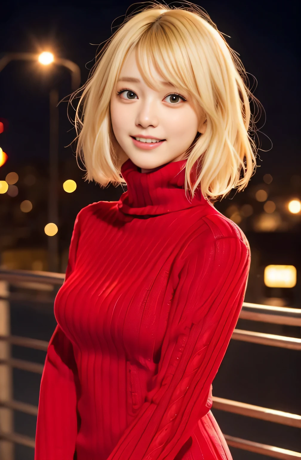 beautiful women in japan、1 person,very pretty and slim、outstanding style 、super high quality、very delicate face, skin and hair、Fluffy short bob、straggling hair,(((((Gradation,blonde)))))、(((((Red Turtleneck Sweater Dress))))),((chester coat,knee high boots))、Cover your chest with your arms、Shibuya Ward、8k images、Very cute Japanese cut face、thin、big breasts、Eyes and nose are clearly visible、gentle eyes、laughter、night view background