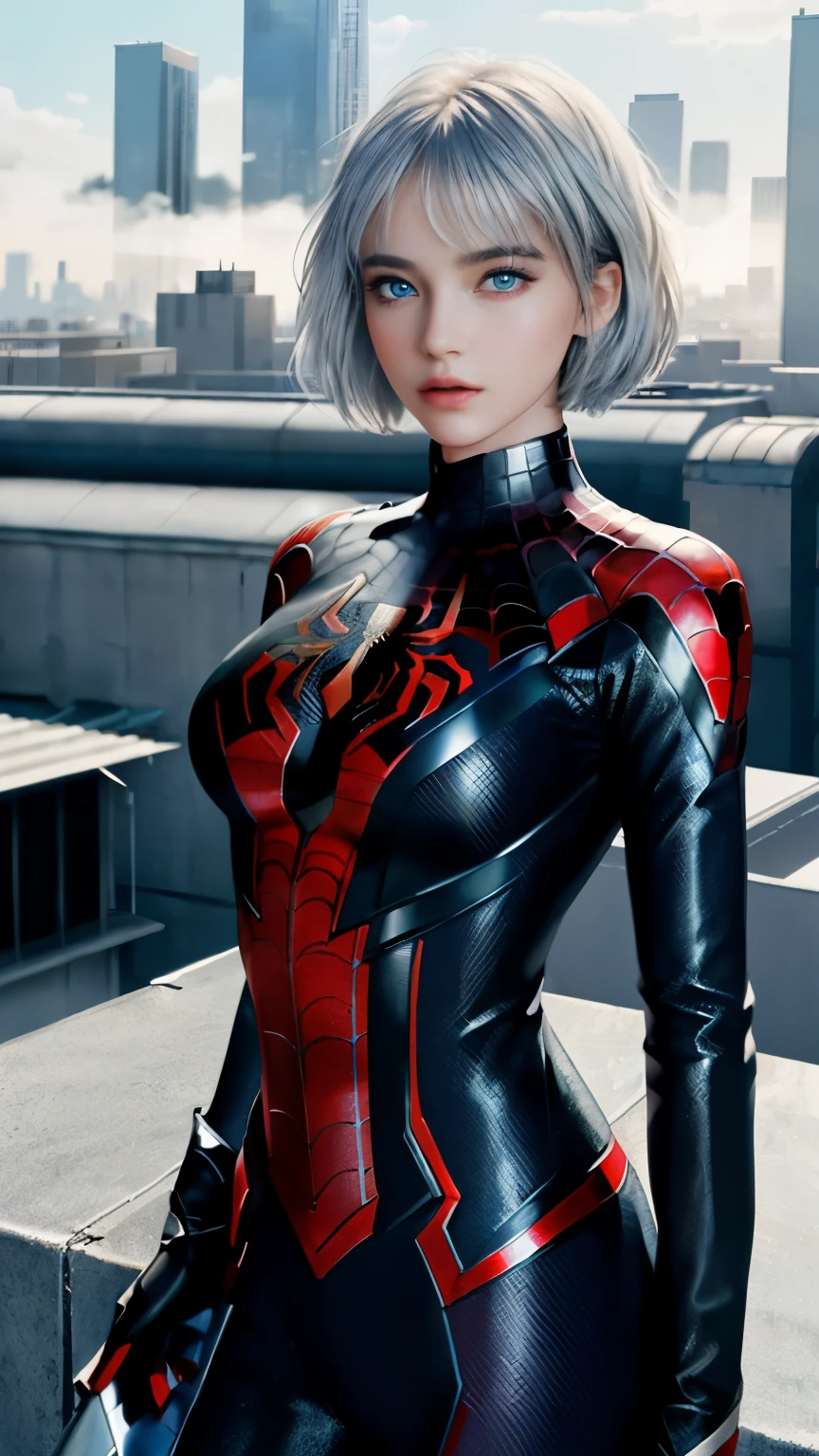 25 year old woman,(1girl:1.3), Solo, (((Very detailed face)))), ((Very detailed eyes and face)))), Beautiful detail eyes, Body parts__, Official art, Unified 8k wallpaper, Super detailed, beautiful and beautiful, beautiful, masterpiece, best quality, original, masterpiece, super fine photo, best quality, super high resolution, realistic realism, sunlight, full body portrait, amazing beauty, dynamic pose, delicate face, vibrant eyes, (from the front), She wears Spider-Man suit, red and black color scheme, spider, very detailed city roof background, rooftop, overlooking the city, detailed face, detailed complex busy background, messy, gorgeous, milky white, highly detailed skin, realistic skin details, visible pores, clear focus, volumetric fog, 8k uhd, DSLR, high quality, film grain, fair skin, photo realism, lomography, futuristic dystopian megalopolis, translucent, cool beauty,tall girl,silver hair,short cut hair,Precisely expresses details such as face and skin texture,beautiful eye, blue eye,double eyelid,delicate skin,slender body shape,alone,enormous breast