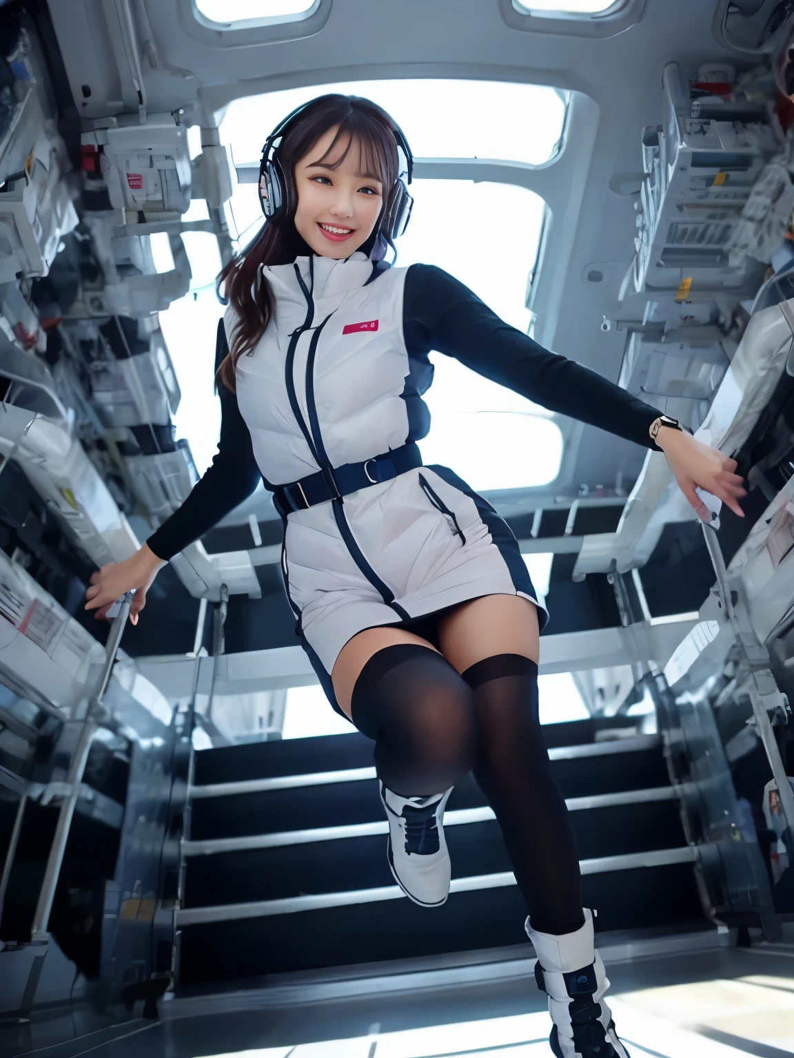 masterpiece, highest quality, High resolution,(poatrait):15, 1girl,idol,poatrait,(beautiful face):3,big breast,(instagramer pose):5,(floating girl):4, (Big jump):5, flight, fun, smile, headphone,headset,(white boots),(fall):8, dynamic angle,BREAK white downvest,Wind,Wind,Wind,BREAK,black belt,black stocking,black tights,black long sleeve BREAK inside futuristic space station,Scifi spacecraft,space airliner BREAK Astrovest,tnf_jacket,bing_astronaut,astrovest