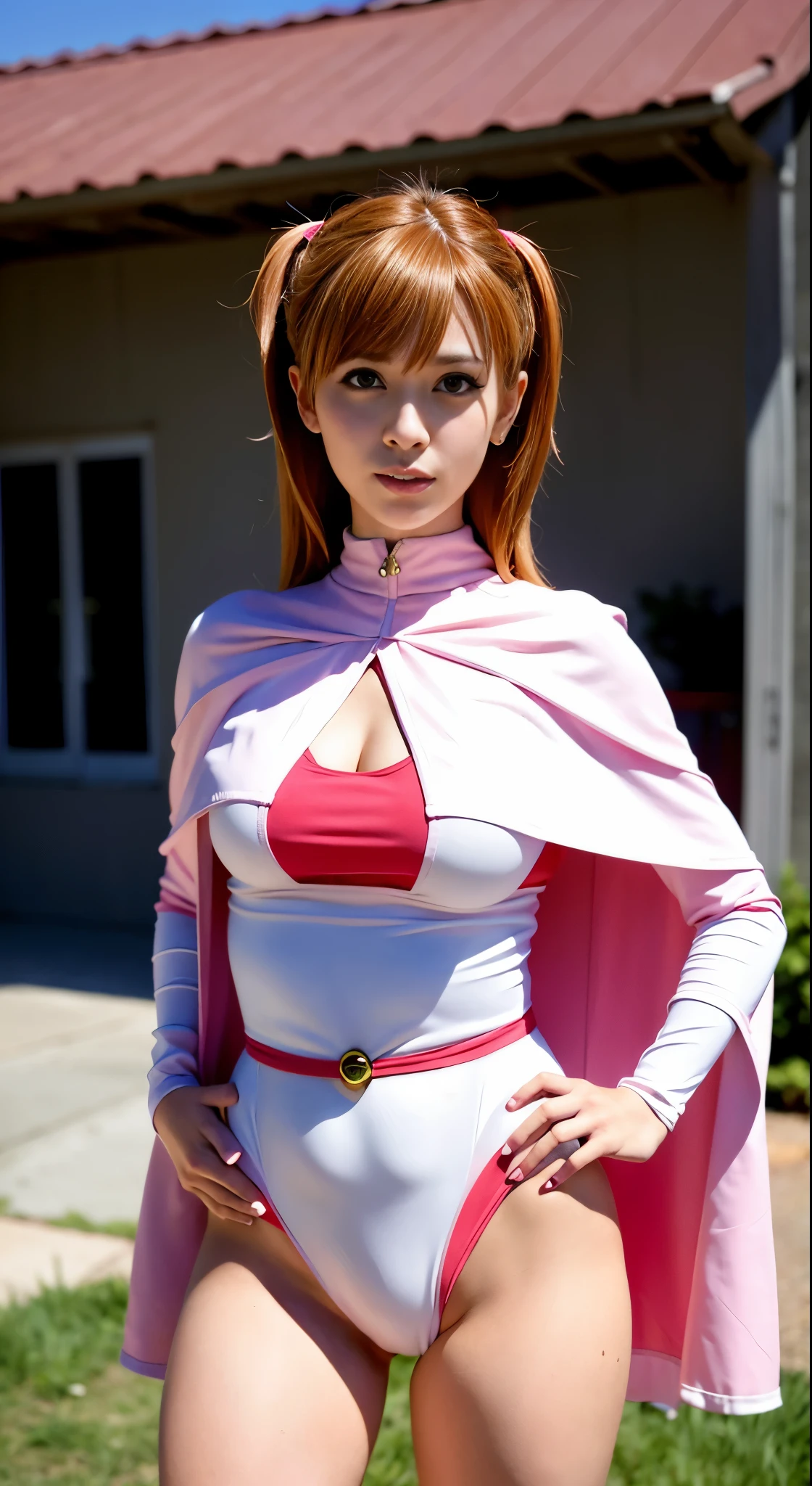 Arafe woman posing for a photo wearing a pink outfit and cloak, professional cosplay, power girl, anime cosplay, by Shinoda Toko, by Akira Toriyama, full-cosplay, As a retro-futuristic heroine, Drawn like the anime Speed Racer, Inspired by Hiromu Arakawa, cosplay photo, cosplay, sorry, anime girl cosplay