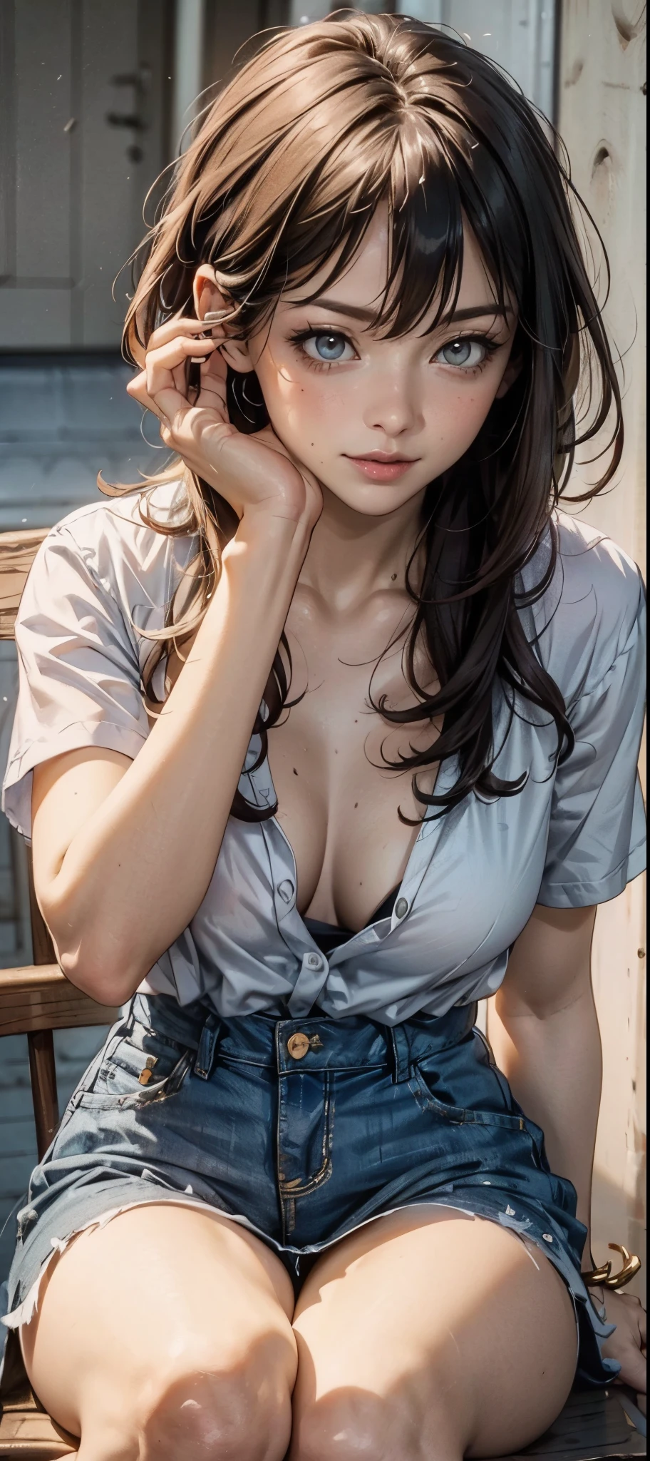 girl in summer clothes, white blouse, light blue shorts, pantyhose or long stockings, making like she wants to kiss you, view from viewer, medium breasts, cleavage, random background, flirtatious look, ((very detailed)), (perfectly detailed face), (well detailed hand) photorealistic image, ahegao