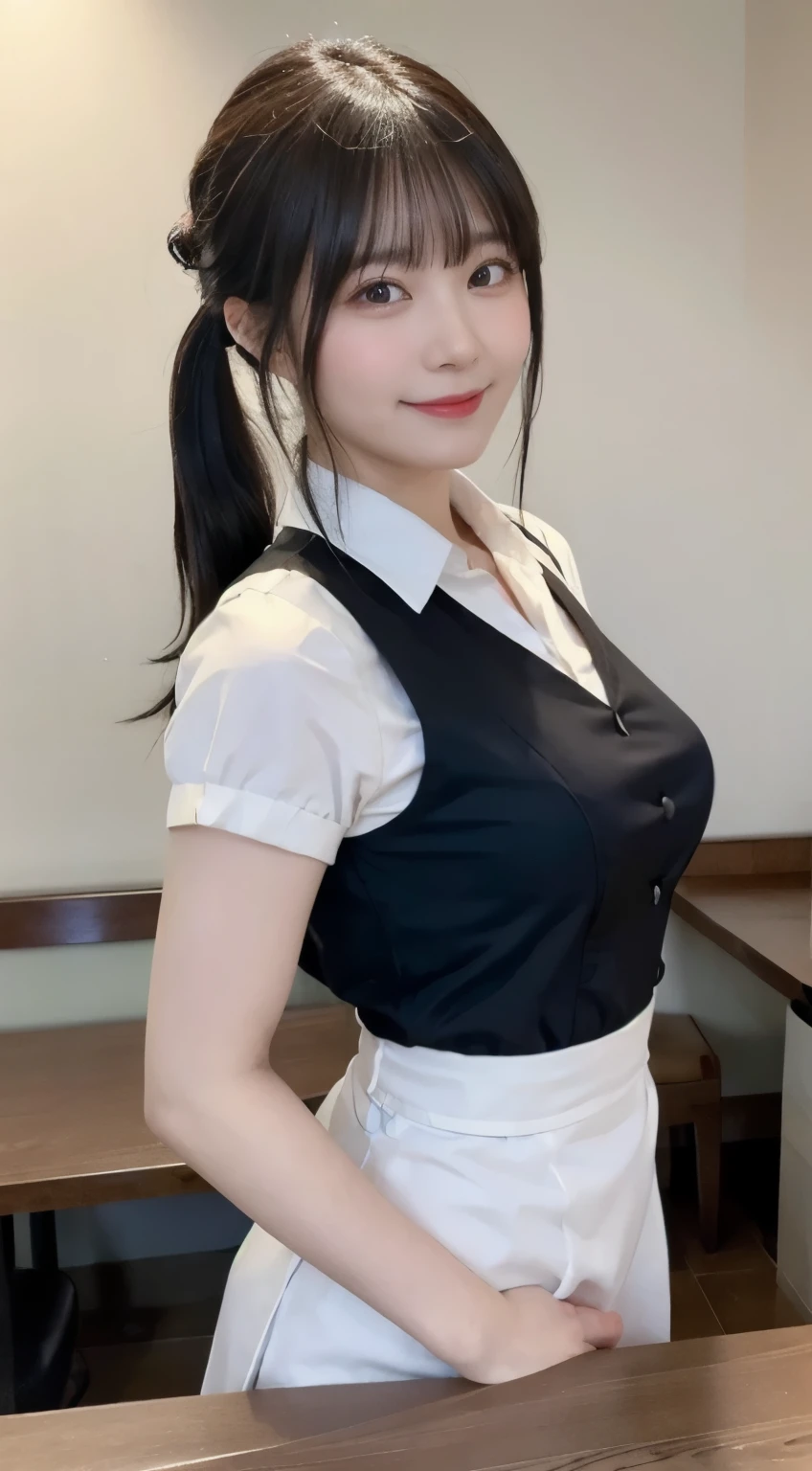 (highest quality,masterpiece:1.3,Super high resolution,),(super detailed,caustics),(Photoreal:1.4,RAW shooting,)ultra-realistic capture,very detailed,High resolution 16K human skin close-up。 Natural skin texture、,The pores are、、Must be detailed enough to be easily identified。 Skin should look even-toned and healthy。 Use natural light and color,restaurant,Waitress Uniform,1 girl,Japanese,18-year-old,cute,black haired,ponytail,big breasts,smile,turn the body forward,(Front view:1.1),look at the camera,cowboy shot,
