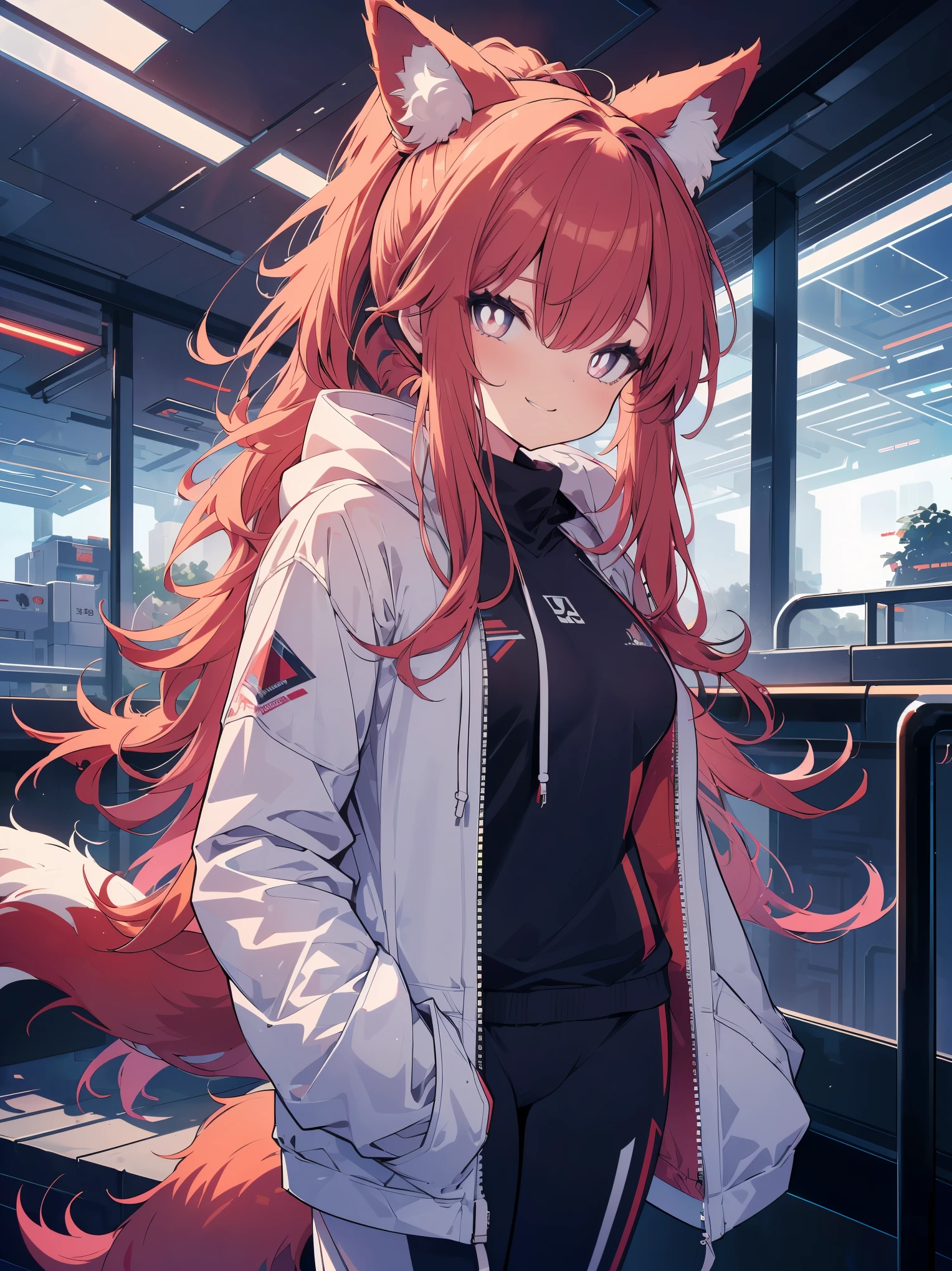 (cowboy shot), (best quality, ultra-high resolution, depth of field:1.2), beautiful face, (25 years old), (fox woman), purplish eyes, bright pupils, (medium breasts) (serious), deadpan, (pastel red long hair), ponytail, animal ears, (fluffy wolf ears), (fluffy tail), (wearing a futuristic white jacket with the hoodie down:1.2), (wearing futuristic soggy pants:1.3), Japanese building rooftop scenery, night time, sitting on the edge of the rooftop, looking at viewer