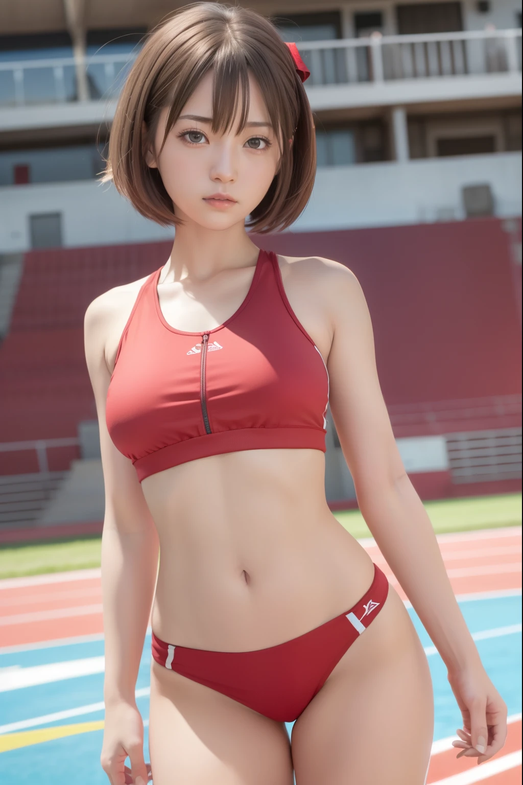 Cute 2 Japan、on the beds、Red tank top、Super Detail Face、Eye of Detail、double eyelid、beautiful thin nose、sharp focus:1.2、prety woman:1.4、(light brown hair,short cut hair,、top-quality、masterpiece、超A high resolution、(Photorealsitic:1.4)、full body Esbian、