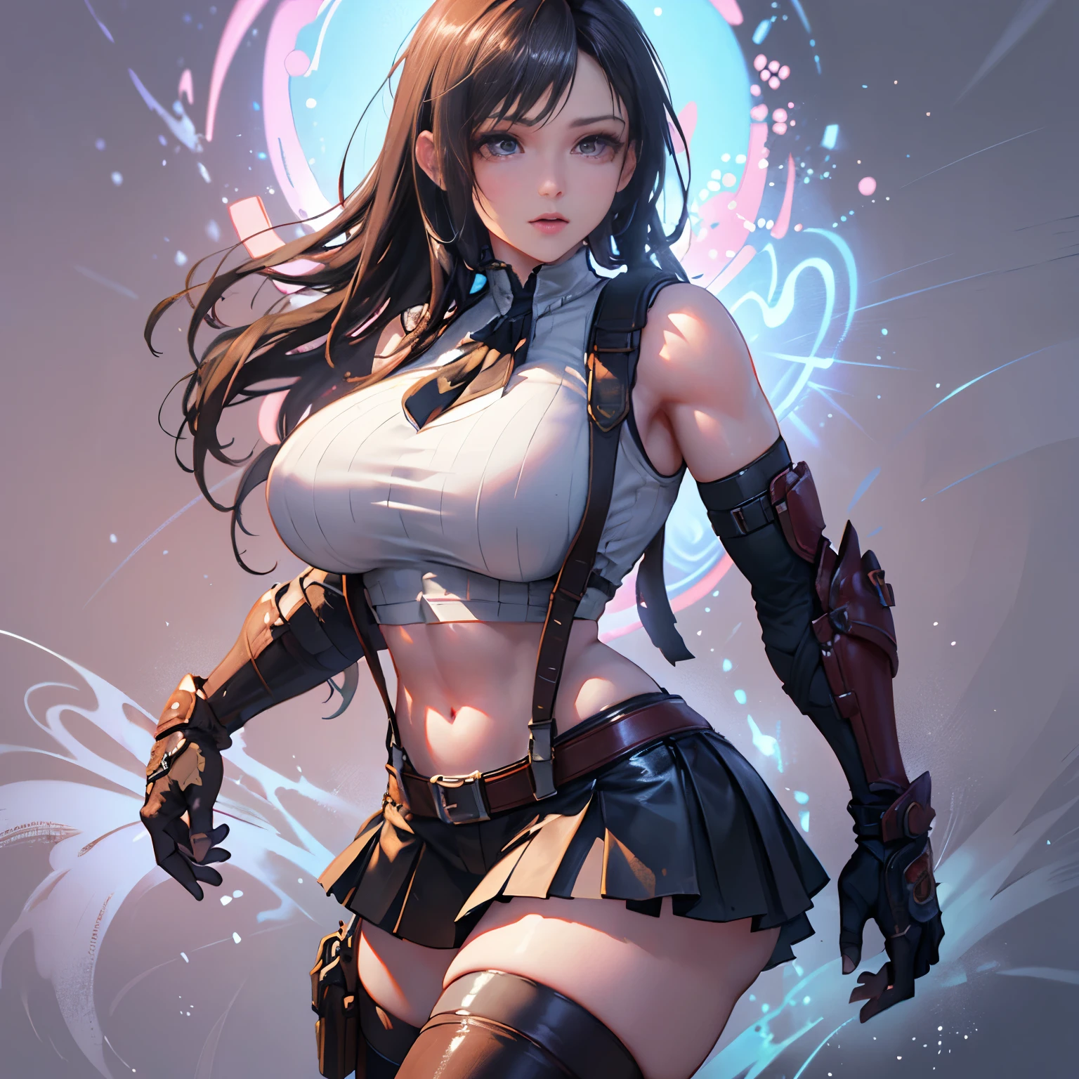 Unreal Engine 5 Realistic Render, (masterpiece, best quality), intricate details, (Best quality)), ((masterpiece)), ((realistic)), (hyperrealism:1.2), (fractal art:1.2),
1girl, 7rtifa, crop top, arm guards, fingerless gloves, suspenders, pleated miniskirt, black thighhighs, red boots
extreme detailed eyes, colorful, highest detailed,
vibrant colors, high contrast,
(8K UHD:1.2), (photorealistic:1.2), beautiful face, top body is hyper realistic thicc muscle and hyper largest_breasts!! with the type of _melons, lower is huge buttocks, wet shiny body