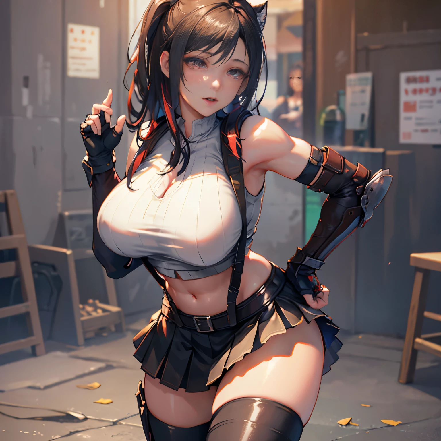 Unreal Engine 5 Realistic Render, (masterpiece, best quality), intricate details, (Best quality)), ((masterpiece)), ((realistic)), (hyperrealism:1.2), (fractal art:1.2),
1girl, 7rtifa, crop top, arm guards, fingerless gloves, suspenders, pleated miniskirt, black thighhighs, red boots
extreme detailed eyes, colorful, highest detailed,
vibrant colors, high contrast,
(8K UHD:1.2), (photorealistic:1.2), beautiful face, top body is hyper realistic thicc muscle and hyper largest_breasts!! with the type of _melons, lower is huge buttocks, wet shiny body