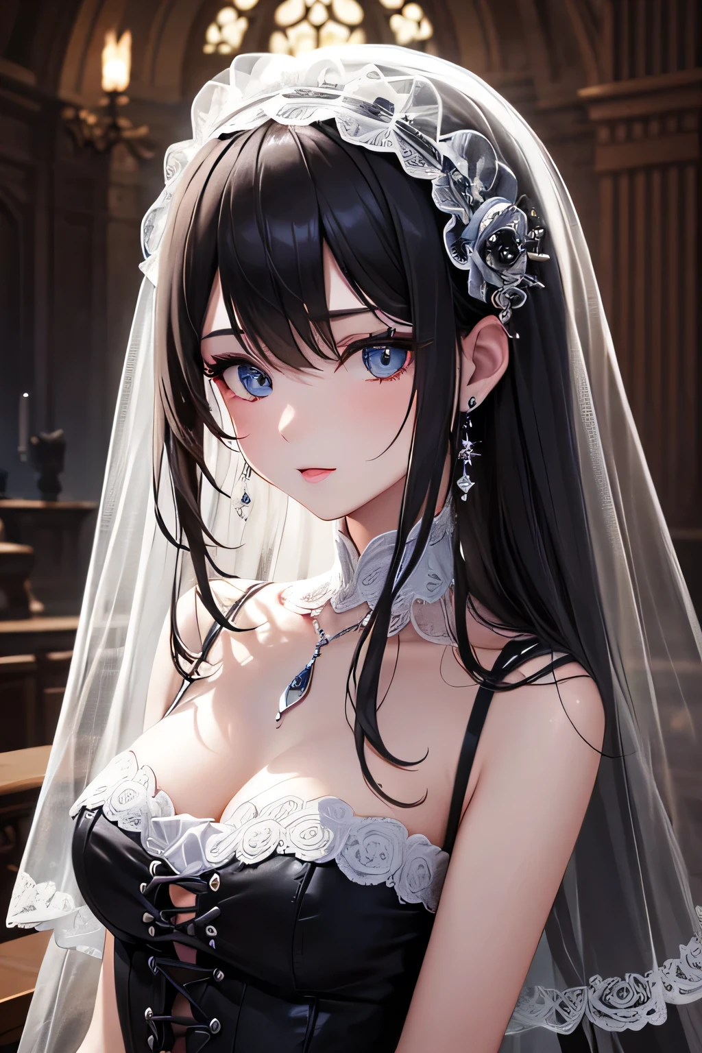 ((best quality)), ((masterpiece)), (detailed), perfect face, Gothic ghost sexy girl with white transparent veil float inside the Gothic luxury palace,lit with black candles.