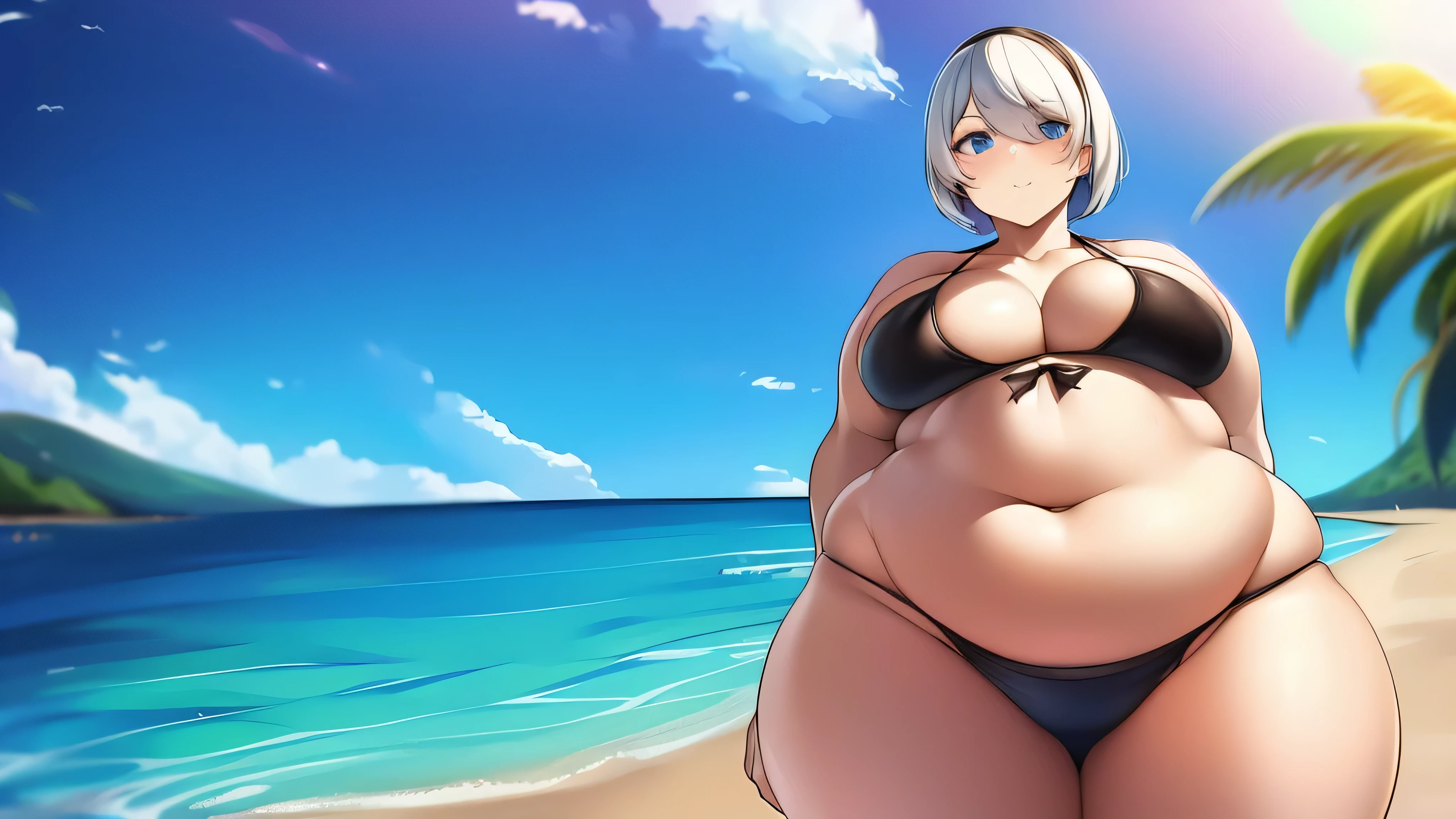 1 garota, 2b, nier automaton, small black bikini, neutral expression, obeso, barriga enorme, coxas gordas, Seios rechonchudos, entrando em um restaurante em uma praia muito ensolarada, abrindo a porta da frente, detalhado, detalhado face, pele brilhante, pele molhada, anatomia perfeita