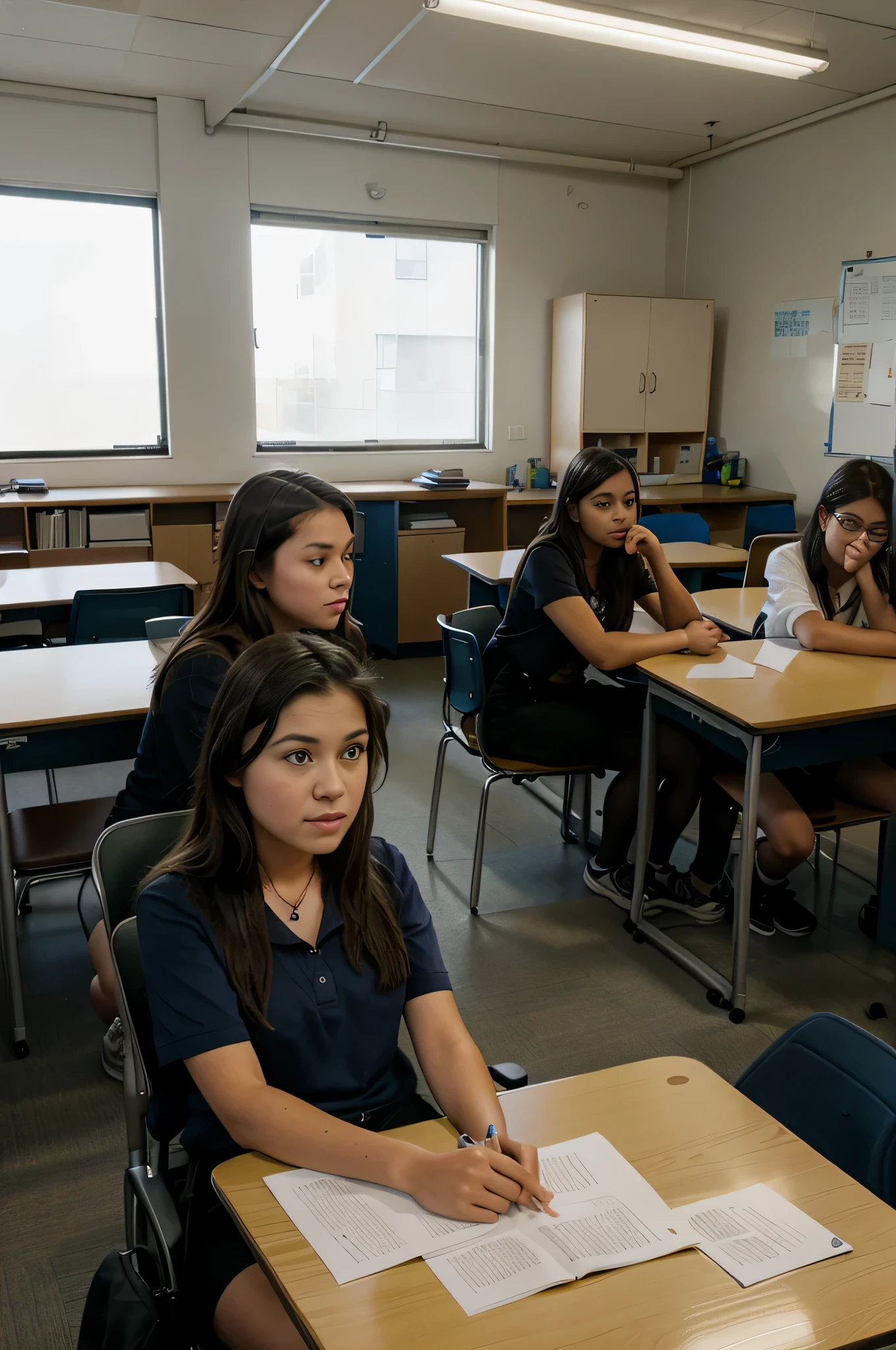 Students seated at their desks, with the teacher exhibiting strange behavior or disappearing mysteriously.
