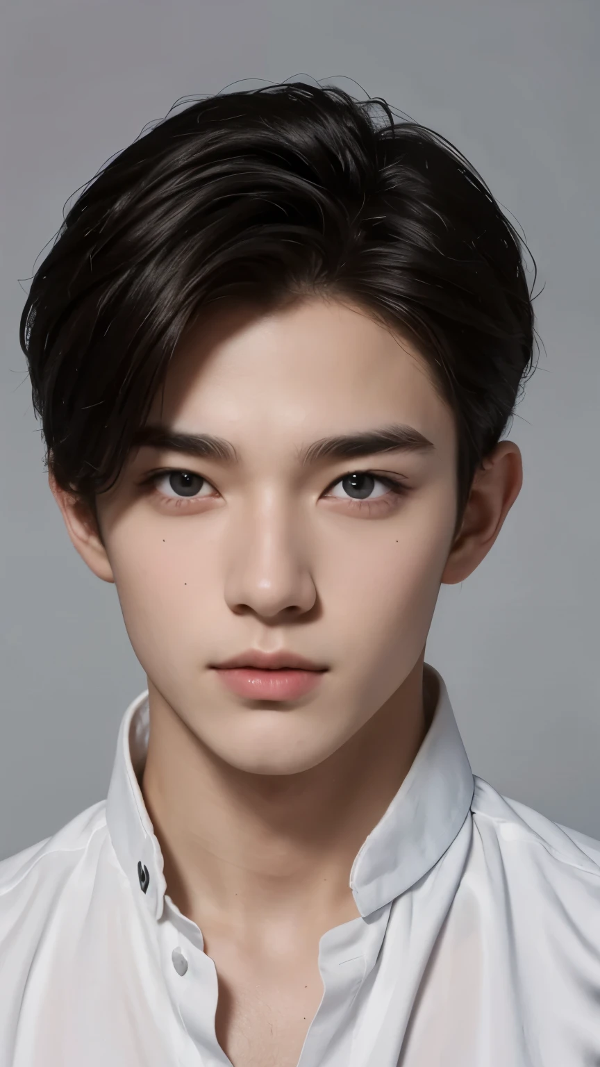 A 20-year-old man with masculine beauty, perfect anatomy. When I look into his beautiful eyes, Attractive, charming eyes, his gaze is directed towards the viewer, You can clearly see every detail. perfect lines, The face is highly detailed in 8K quality, white background
