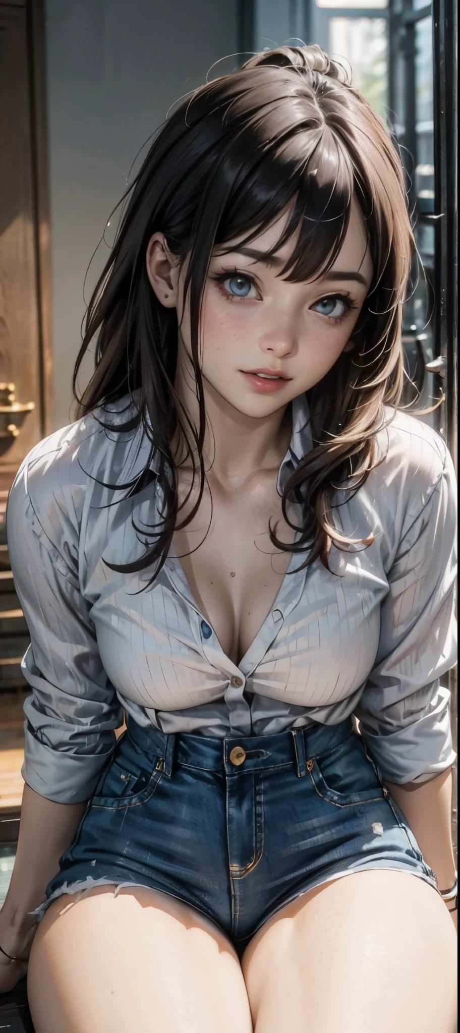 girl in summer clothes, white blouse, light blue shorts, pantyhose or long stockings, making like she wants to kiss you, view from viewer, medium breasts, cleavage, random background, flirtatious look, ((very detailed)), (perfectly detailed face), (well detailed hand) photorealistic image, ahegao