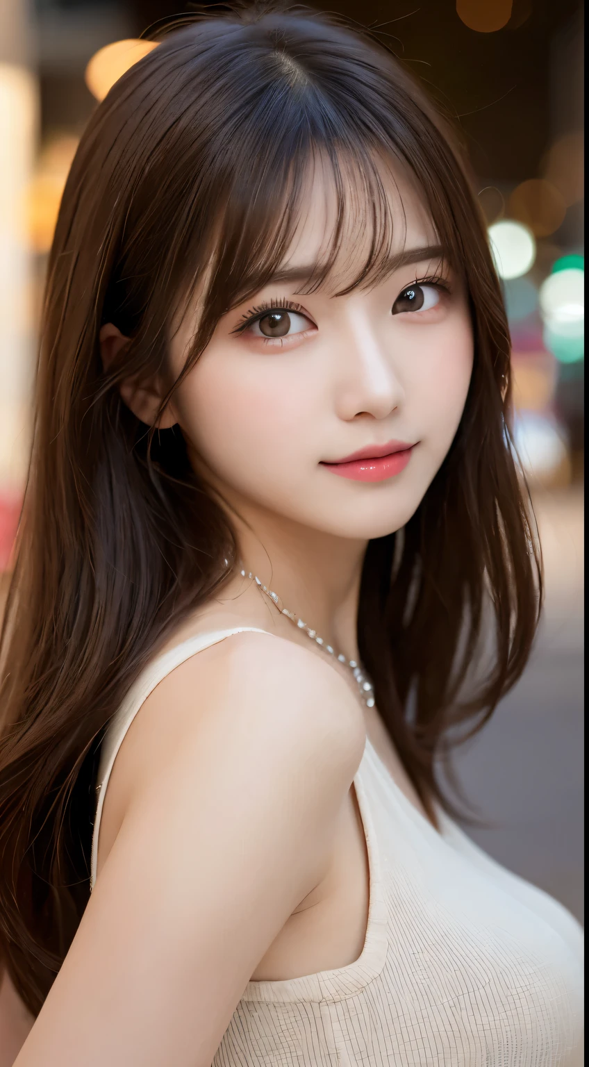 table top, highest quality, shape, Super detailed, finely, High resolution, 8k wallpaper, 完璧なダイナミックな構shape, beautiful and detailed eyes, elegant winter clothes,medium hair,small breasts natural color lip, bold sexy pose,smile、20 year old girl、cute、Sexy looking at camera,night,beautiful and detailed face,elegant face,perfect and beautiful face,Slim face and body,spread your arms wide、background blur