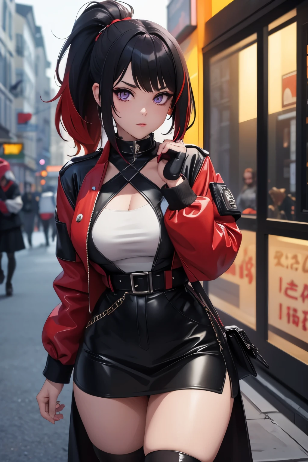 a woman standing outside, punk style outfit, seductive anime girl, beautiful goth anime girl, detailed digital anime art, black and red hair, goth anime girl with black hair and red hair, black hair with red highlights, beautiful anime girl, beautiful alluring anime woman, masterpiece, detailed hands, medium length hair with red highlights, hair tied up, detailed face, thigh focus, symmetrical eyes, detailed eyes, prominent pupil, 8k eyes, purple eyes, 