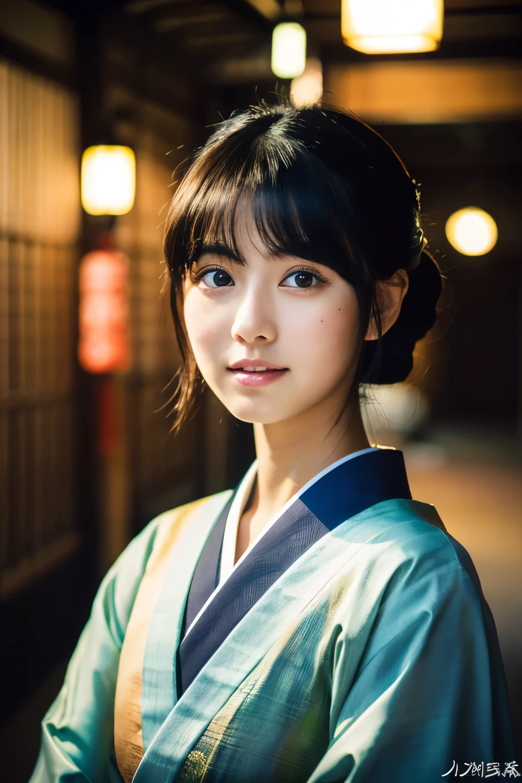20-year-old Japanese supermodel girl，black hair，Ukiyo-e kimono，japanese road background，a ray of light，beautiful facial lighting，Big deal，Photographed by Yui Aragaki，6 o&#39;clock&#39;bell&#39;bell