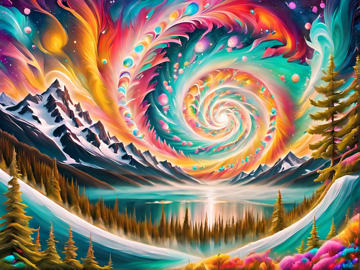 A painting of a spiral galaxy，Trees and mountains in the background, swirling nature magic, Rotate scene, psychedelic aesthetic, cosmic and colorful, rotating water universe, Mysterious vortex, psychedelic art style, Rotate scene in forest, psychedelic landscape, spiral heavens, space colors, psychedelic sky, Colorful swirl magical clouds, Illusion psychedelic art, Psychedelic bright colors