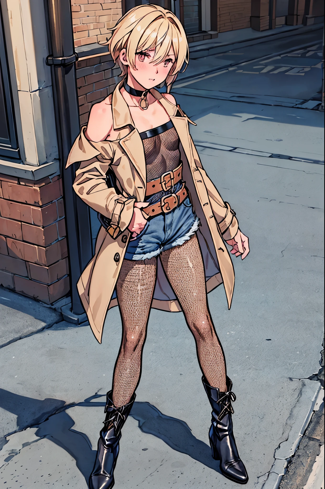 best quality,ultra-detailed,((background:outside street1,8)),(walk in the street),(cowboy shot),((one boy)),((fem boy)),((trap)),((bulge)),black-choker,((blonde short hair)),((man’s face)),((dress up as a woman)),((blush)),((flustred)),((poor chest)),((flat chest)),((maxi-length-trench-coat)),((cold shoulder knit)),(Dameged-denim-shorts))(fishnet-pantyhose),(high-heel-boots),(shoulder-bag),vibrant colors,soft lighting,