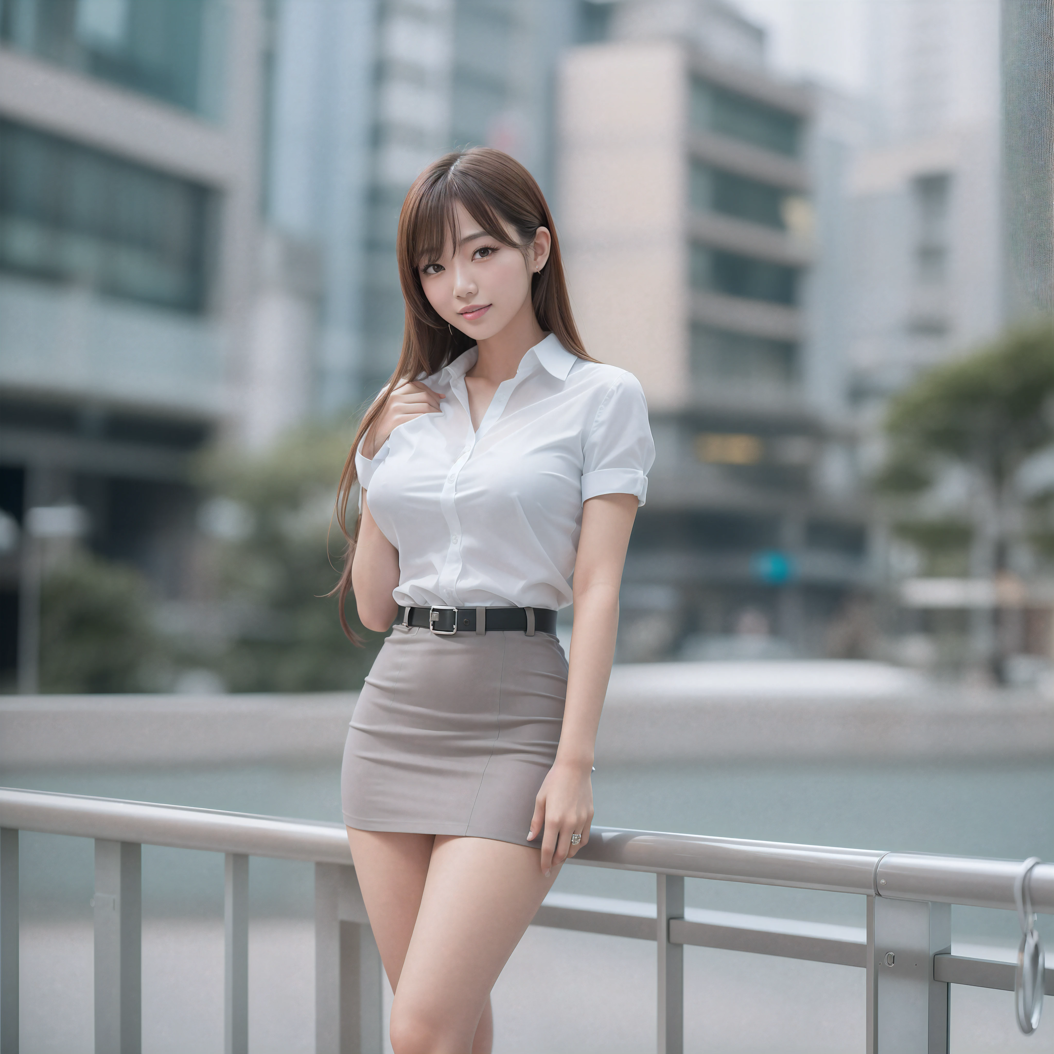 Attractive lonely woman in a white collared shirt and tight skirt in the city、from the waist up、Asian woman smiling arafe,、1 person、Young and cute gravure idol, big breasts、young slender gravure idol, Real young gravure idol, young sensual gravure idol, photographrealistic: 1.5、Japanese, droopy eyes: 1.3, perfect proportions, portrait, ((nikon student) (photograph)) (8k, Fujifilm XT3, table top, ((real skin)) (No retouching, lip gloss, false eyelashes, real skin, highest quality, ultra high resolution, Depth of the bounds written, chromatic aberration, caustics) , wide lighting, natural shading))