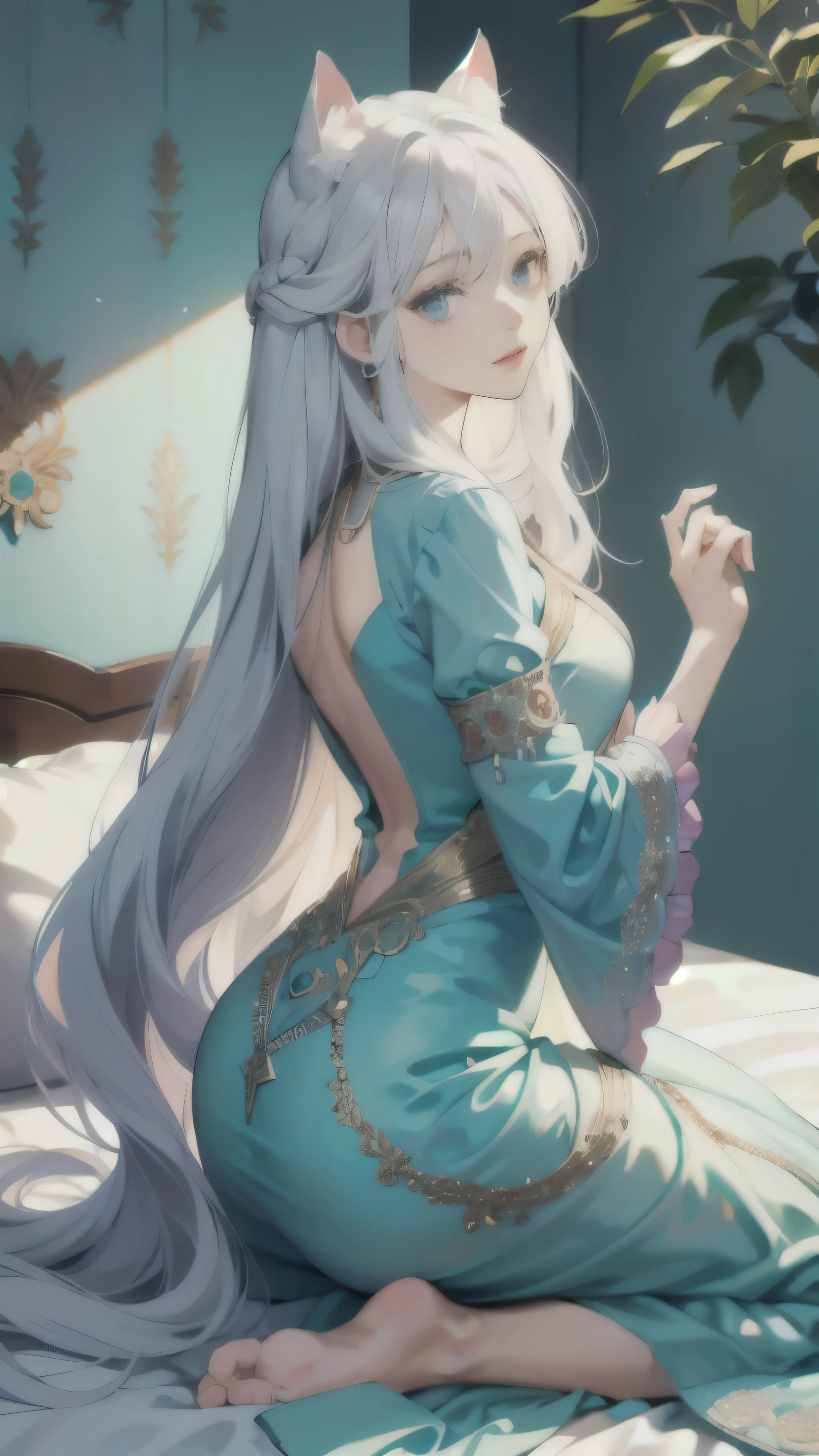 Long-haired anime girl sitting on bed, cat ears peeking from the top of her head, seductively posing from her front side, exquisitely dressed as a cute anime waifu in a beautiful, intricately detailed turquoise evening gown with longer sleeves and colored inlays. Her long, white hair cascades down her back, framing her delicate face with detailed eyes, accentuated by subtle pastel colors and natural shadows in this 4k, best quality, high-resolution image. The deity-like presence of the girl is accentuated by her intricately designed mosaic art-inspired dress, complete with intricate patterns, tile design, and