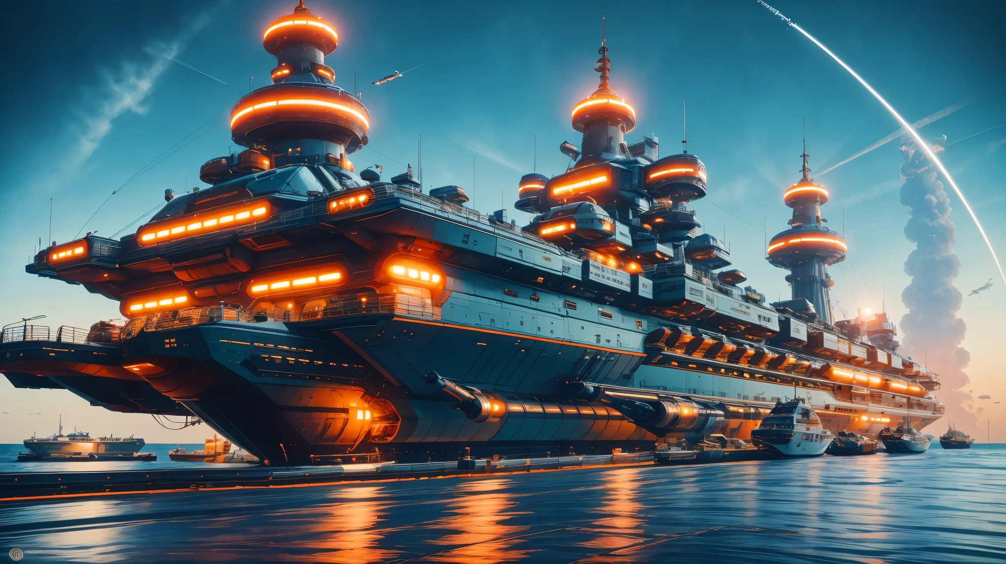 COMG3O,a large, majestic aircraft carrier, towering over the ocean waters, massive size, grey metal exterior, powerful engines, flight deck bustling with activity, an array of fighter jets and helicopters, sailors in uniform, busy crew members, intense energy, the sound of jets taking off and landing, the smell of jet fuel, a sense of adventure and power. (best quality, highres, ultra-detailed, realistic:1.37), professional, vivid colors, sharp focus, studio lighting, intense blue, golden sunset, dramatic lighting, the glow of the setting sun reflecting off the aircraft carrier, creating a striking silhouette against the colorful sky.