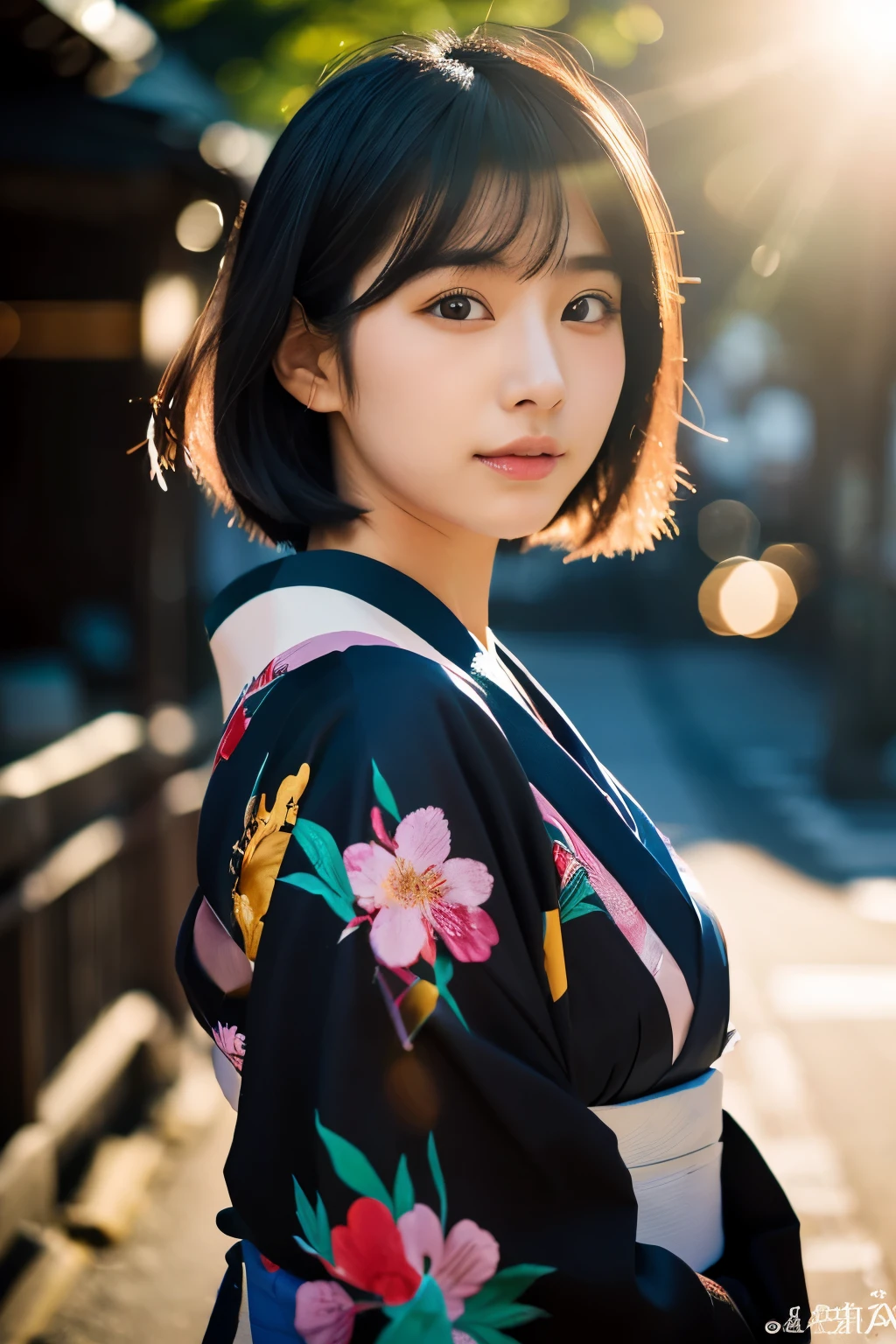 20-year-old Japanese supermodel girl，black hair，Ukiyo-e kimono，japanese road background，a ray of light，beautiful facial lighting，Big deal，Photographed by Yui Aragaki，6 o&#39;clock&#39;bell&#39;bell