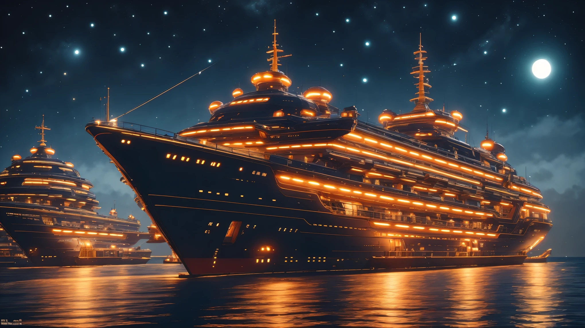 COMG3O,(best quality,4k,8k,highres,masterpiece:1.2),ultra-detailed,(realistic,photorealistic,photo-realistic:1.37),nighttime,dream-like,luxury cruise ship,sparkling lights,glamorous atmosphere,ocean view,starry sky,twinkling stars,
reflection on the water,golden moonlight,gentle waves,majestic ship structure,elegant architecture,illuminated deck,passengers enjoying the night,beautifully dressed men and women,dancing under the moonlight,live music filling the air,breathtaking fireworks display,romantic ambiance,exquisite cuisine and drinks,enchanting decorations,meticulously crafted interior design,lavish ballroom,blissful celebrations,captivating entertainment,unforgettable memories,tranquil and serene,hint of mystery,magical journey,endless possibilities.
