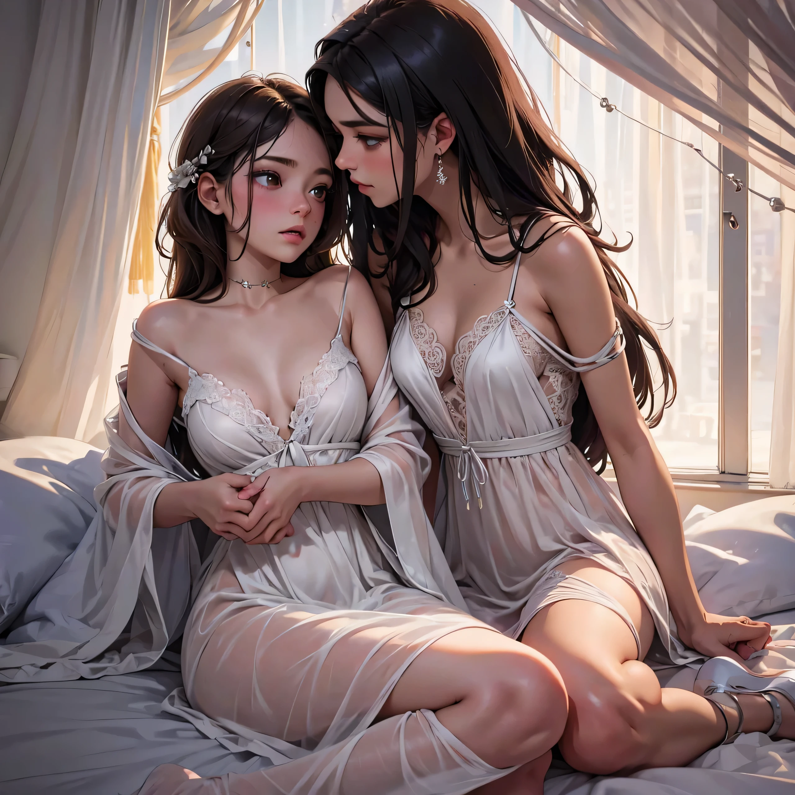two girl making love,(bright lighting,romantic setting),dreamy background,bondage,dark hair, mesmerizing gaze, , soft skin, alluring beauty, artistic portrait, high-quality image, vibrant colors, long silk gown, in the bed, mosquito net