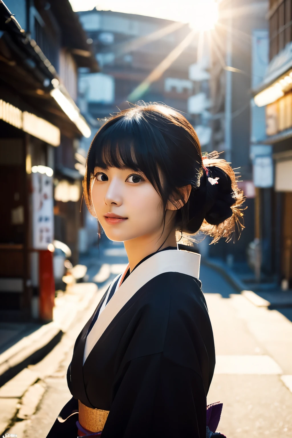 20-year-old Japanese supermodel girl，black hair，Ukiyo-e kimono，japanese road background，a ray of light，beautiful facial lighting，Big deal，Photographed by Yui Aragaki，6 o&#39;clock&#39;bell&#39;bell