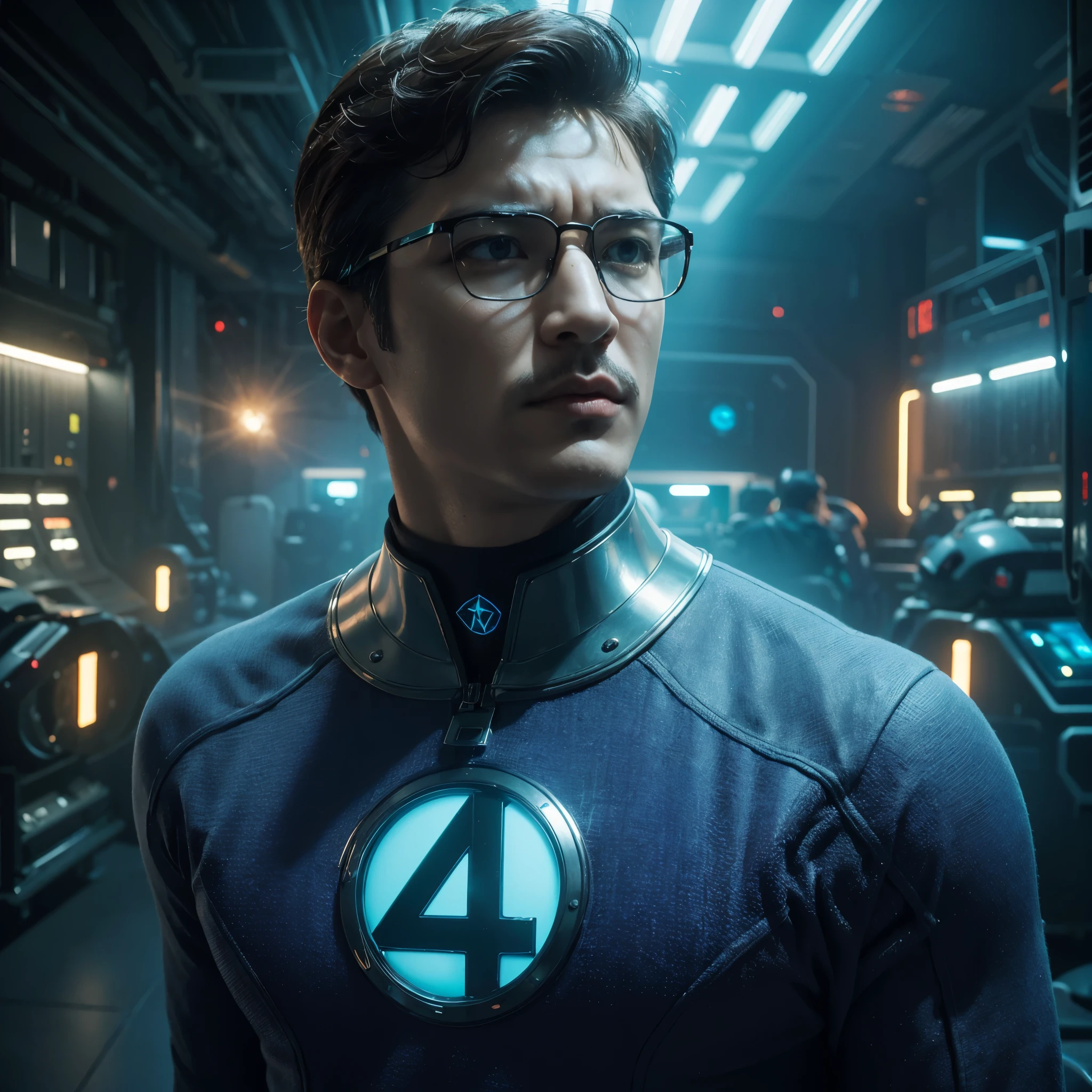 (middle age men look) (very sharp result, full body desaturated photo) (((textile shading))), (((Best Quality))), (((masterpiece))), (((hyper realistic photo))), backlight shade, caucasian 45-year old fantastic four Mr.Fantastic, (((classic 50`s sci-fi suits with simple "4" logo on chest))) (blue light ones))), brown with white sides hair, Pedro pascal look with glasses with thick frame, brown eyes, ((striking a pose)), neon lights environtment, inside hi-tech space facility, gritty atmosphere,4K
