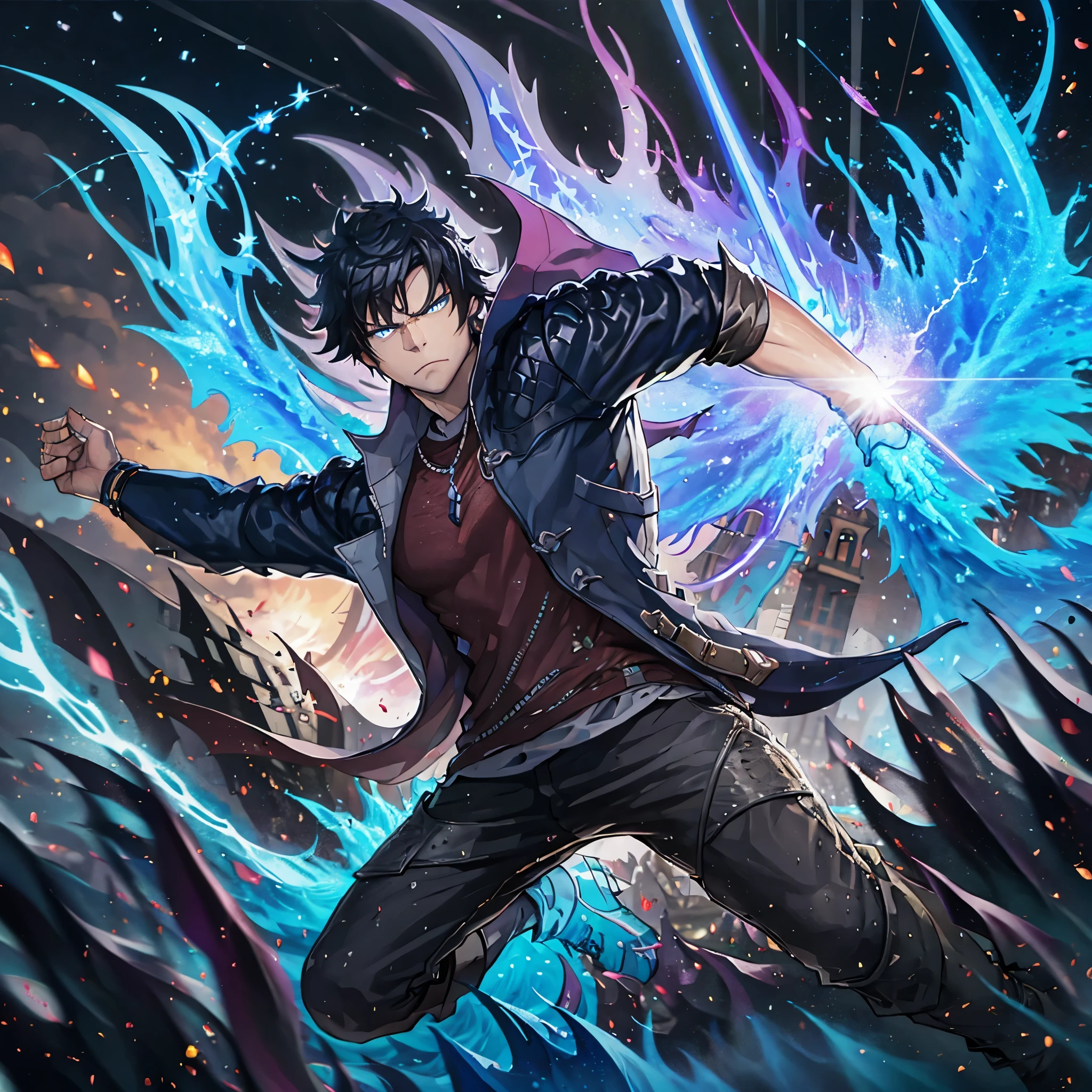 a man punching the ground making a crater in the ground, holding an ice sword, muscular, serious face, black hair, city in ruins
