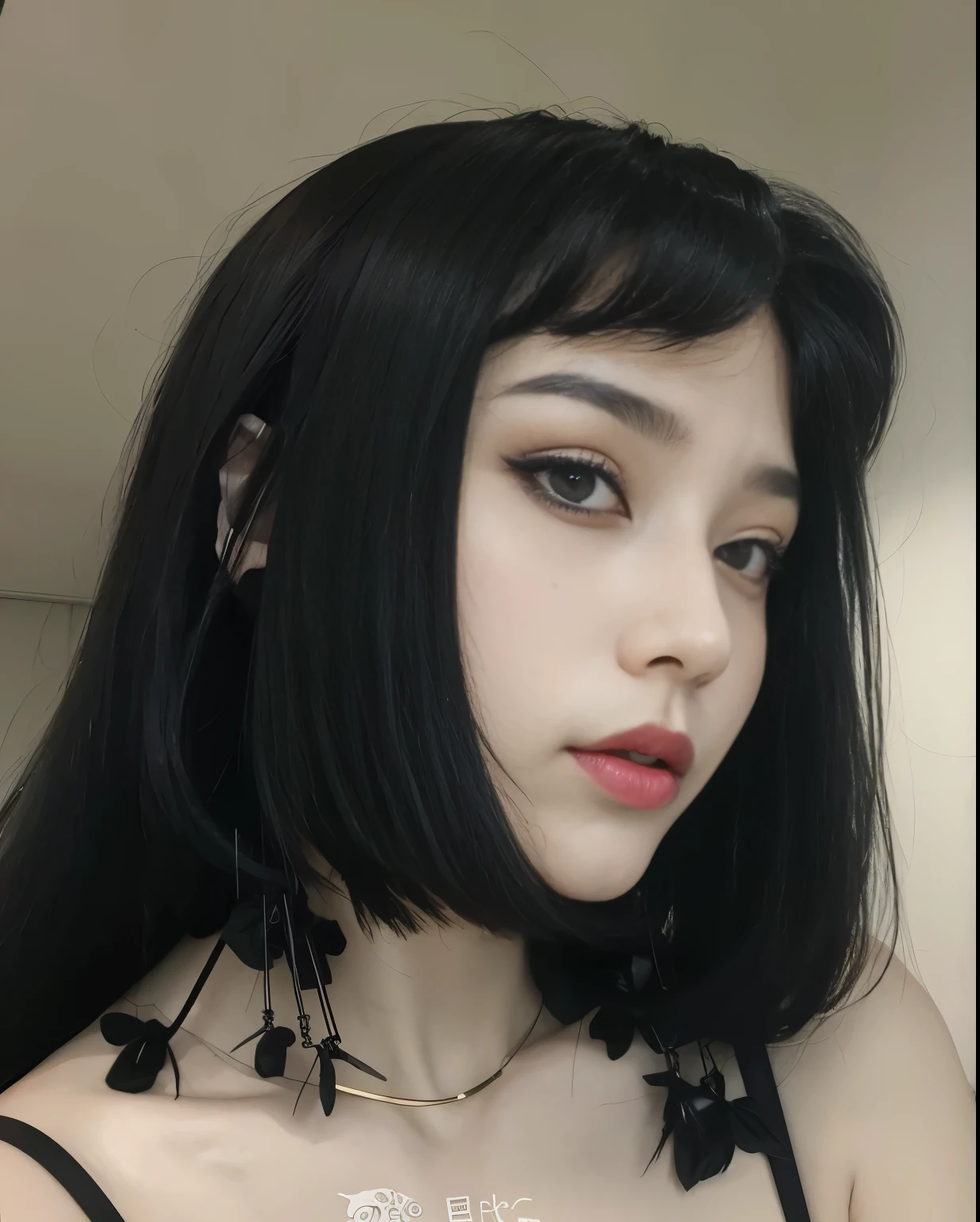 Um close de uma mulher com cabelo preto e um colar, cruel korean goth girl, Corte de cabelo preto Hime, cabello blackbangs cabello, goth girl aesthetic, Ela tem cabelo preto com franja, 1 7 Year Old Goth Anime Girl, Sui Ishida com cabelo preto, 🤤 retrato de , 1 7 year old goth girl, Penteado com corte Hime branco