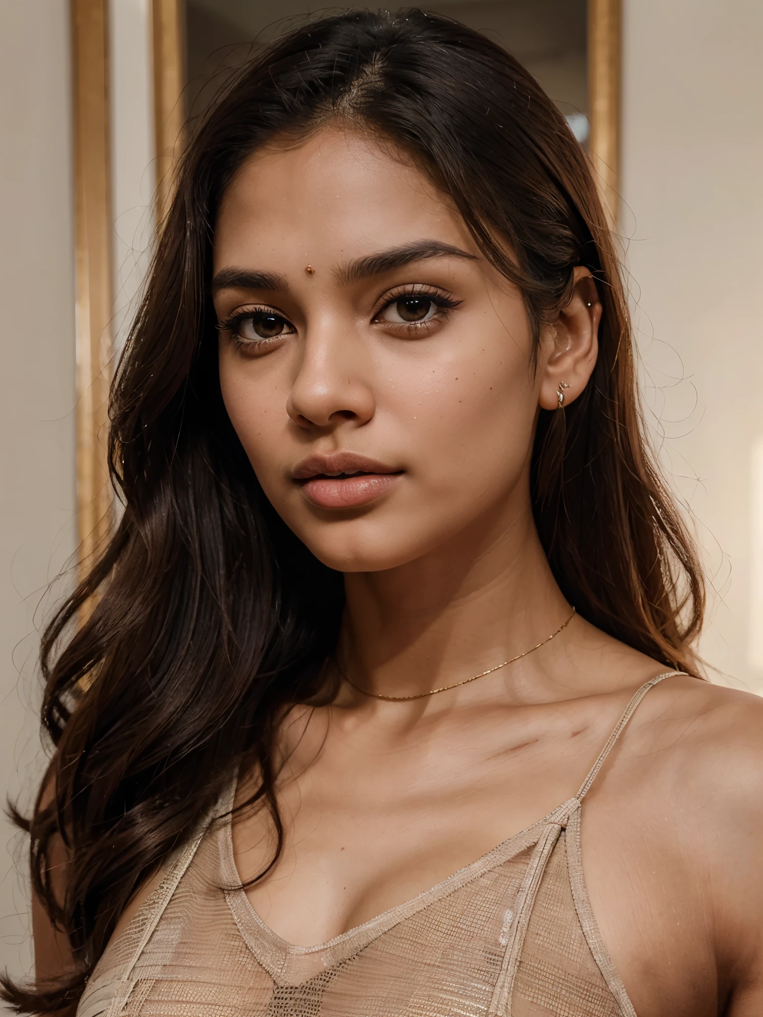 A young indian woman aged 23, masterpiece, high quality, ultra realistic, body measurements-33:27:36, absolutely stunning, beautiful detailed portrait, light brown skin color, brown eyes,brown wavy hair till waist, oval shaped face, pointed chin, 8k, heart shaped lips, thin pointed eyebrows, sharp neckline, closed mouth, consistent,height-5'3, weight-45 kg, small monolid eyes, exact fingers, human, highly rendered,8k,raw,full shot, front pose,closed mouth, realistic, pointed ear shape, straight snub nose, clear face, hyper realistic, full shot, lighting, sharp details,consistent face and body