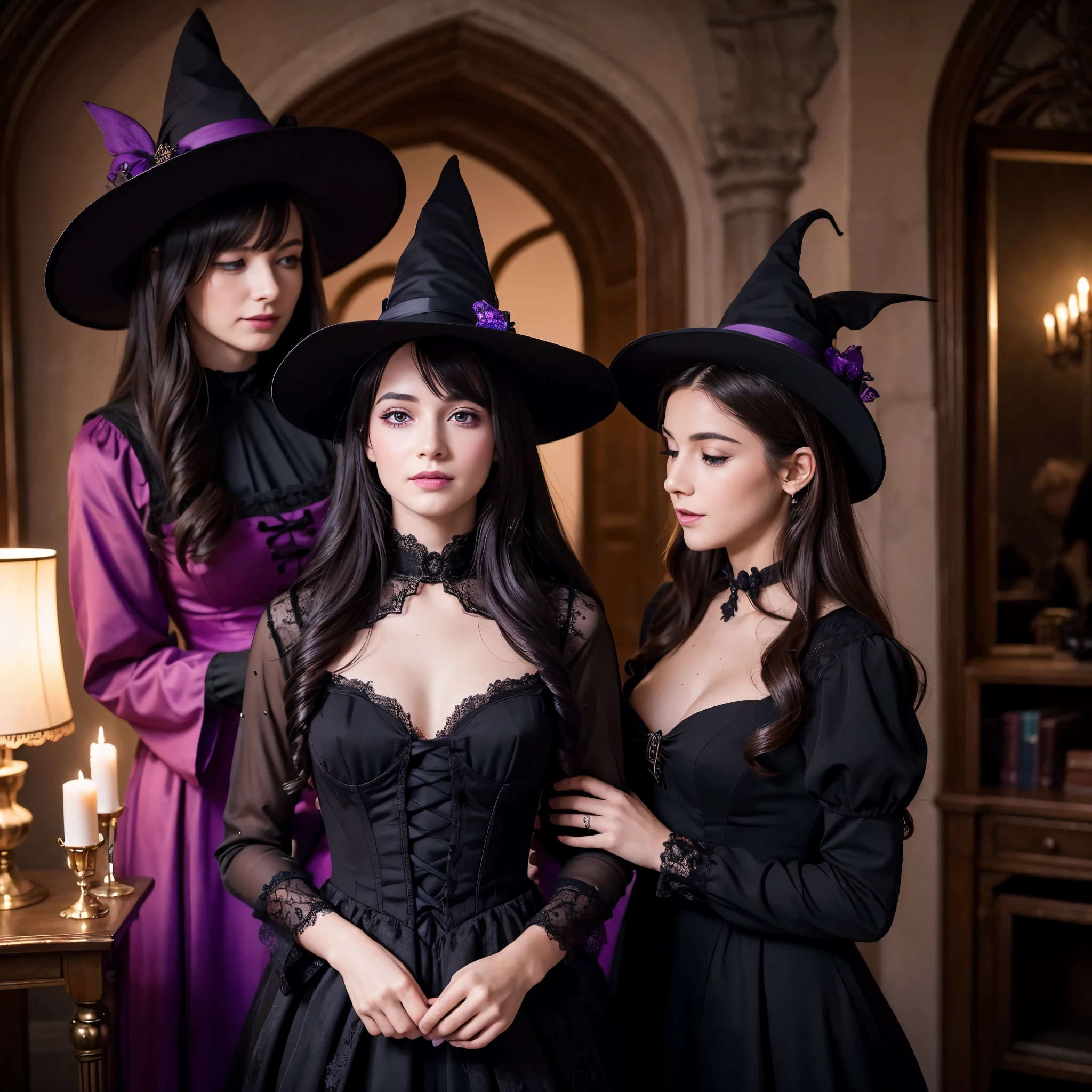 (best quality,4k,8k,highres,masterpiece:1.2),ultra-detailed,(realistic,photorealistic,photo-realistic:1.37), a age boy joins a witch coven and he’s given the gift of femininity, he gets magically transformed into a cute teenwitch girl, sex change ritual, pink eyes, long black hair, is happy, witches are helping dressing up the new girl, she’s happily getting dressed in a stunning black victorian dress, gorgeous dress design,flowing gown,elaborate lace details,rich textures,contrast stitching,delicate ribbon bows,floral accents,full skirt,high neckline,long sleeves,fitted waistline,flared cuffs,lace-up back,luxurious fabrics,flawless silhouette,high heels,pointy hat, magical transformation, detailed facial features, glowing and vibrant pink eyes, flowing and glossy long black hair, happy and excited expression, joyful and radiant vibe, embrace her new identity has a maiden of witchcraft, eager to learn magic, surrounded by a mystical aura, spell books and potions in the background, inside an abandoned castle, moonlit night with a full moon shining above, soft and ethereal lighting, a group of friendly witches welcoming the new girl into the coven, joyful celebration, witches assisting in dressing up the new girl,promptly helps the new girl getting dressed in a stunning black Victorian dress, feminine and elegant movements, a cauldron overflowing with sparkles and magical essence, black and purple hues dominating the color palette, whimsical and enchanting atmosphere, breathtaking and bewitching nature, a sense of empowerment and self-discovery.