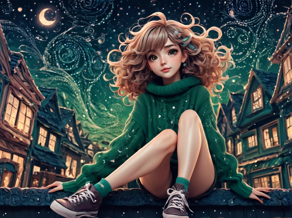 (best quality, highres, ultra sharp), (magical cute girl:1.2). with (exaggerated hair, huge fluffy hair, expanded hair, exagerated voluminous hair, small freckles, green sweater with small dots, details, horsehair, fluffy, socks, magic background, cute art deco buildings, flowing lines, clean and crisp outlines, zentangle hair style, zentangle, starry sky, 3d crunch, cinematic, full body with long legs, from head to shoes, multiple sides view, split image in 2 parts,