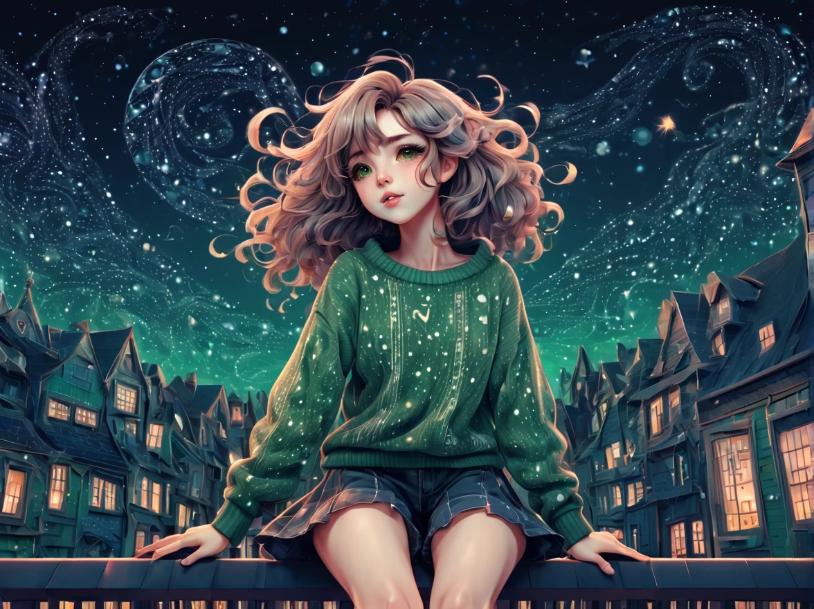 (best quality, highres, ultra sharp), (magical cute girl:1.2). with (exaggerated hair, huge fluffy hair, expanded hair, exagerated voluminous hair, small freckles, green sweater with small dots, details, horsehair, fluffy, socks, magic background, cute art deco buildings, flowing lines, clean and crisp outlines, zentangle hair style, zentangle, starry sky, 3d crunch, cinematic, full body with long legs, from head to shoes, multiple sides view,