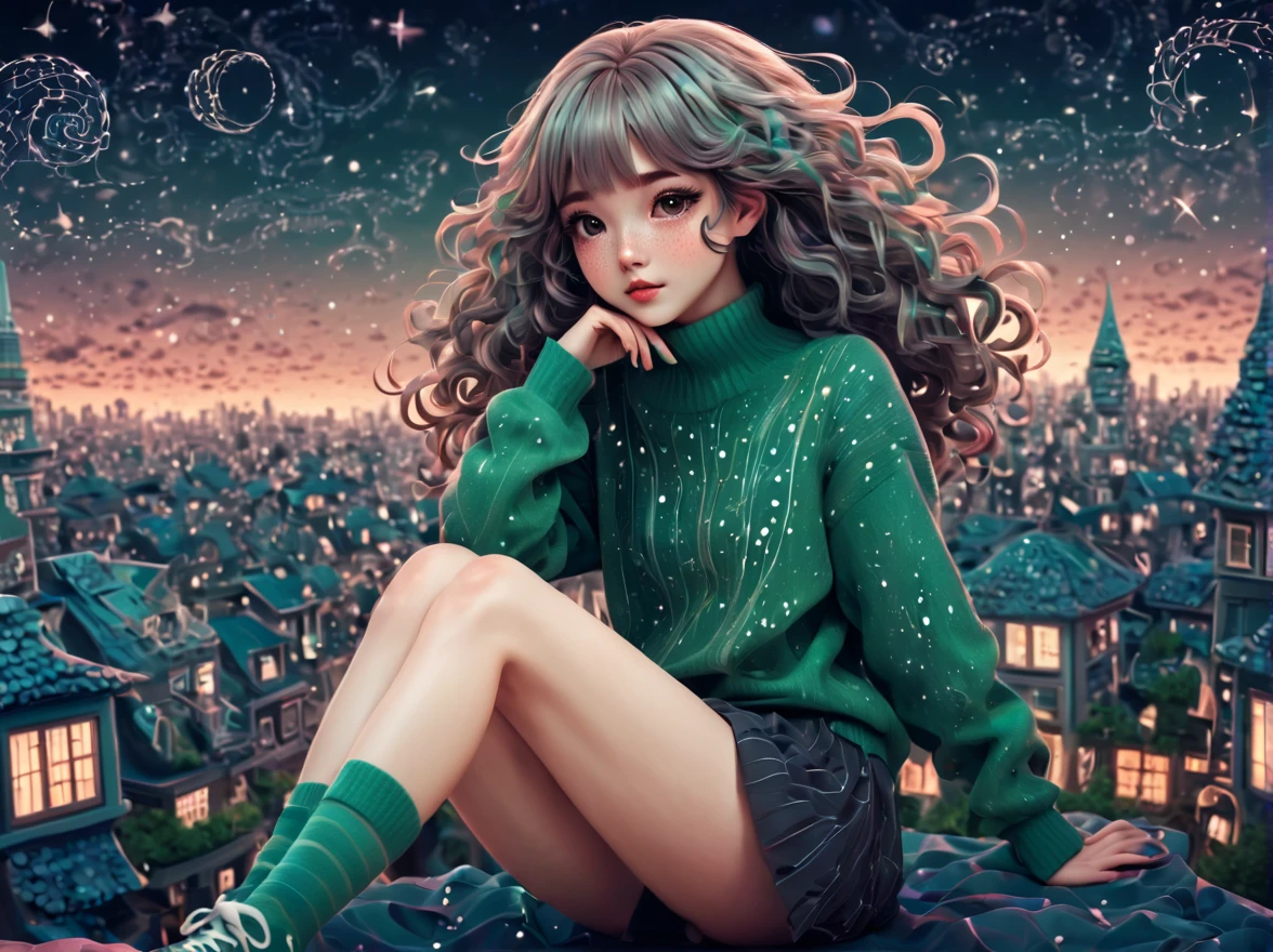 (best quality, highres, ultra sharp), (magical cute girl:1.2). with (exaggerated hair, huge fluffy hair, expanded hair, exagerated voluminous hair, small freckles, green sweater with small dots, details, horsehair, fluffy, socks, magic background, cute art deco buildings, flowing lines, clean and crisp outlines, zentangle hair style, zentangle, starry sky, 3d crunch, cinematic, full body with long legs, from head to shoes, multiple sides view, split image in 2 parts,