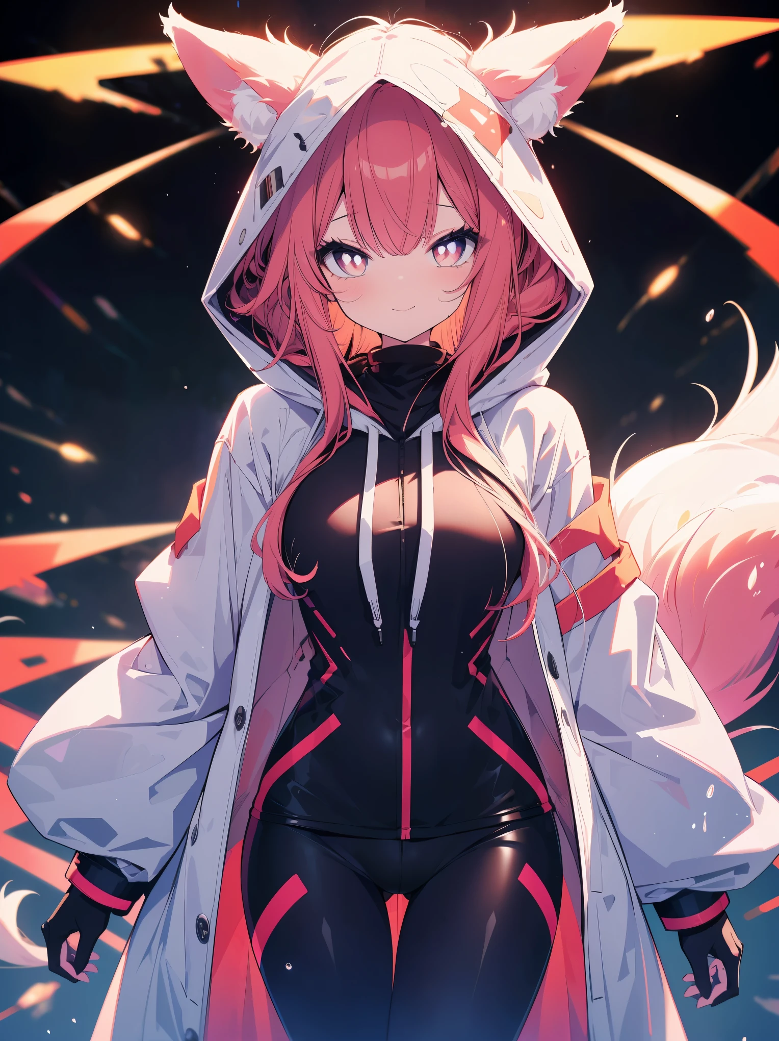 (cowboy shot), (best quality, ultra-high resolution, depth of field:1.2), beautiful face, (25 years old), (fox woman), purplish eyes, bright pupils, (medium breasts) (mischievous smile), (pastel red long hair), ponytail, animal ears, (fluffy wolf ears), (fluffy tail), (wearing a futuristic white jacket with the hoodie down:1.2), (wearing futuristic soggy pants:1.3), Japanese park scenery, night time, (multiple points of views)